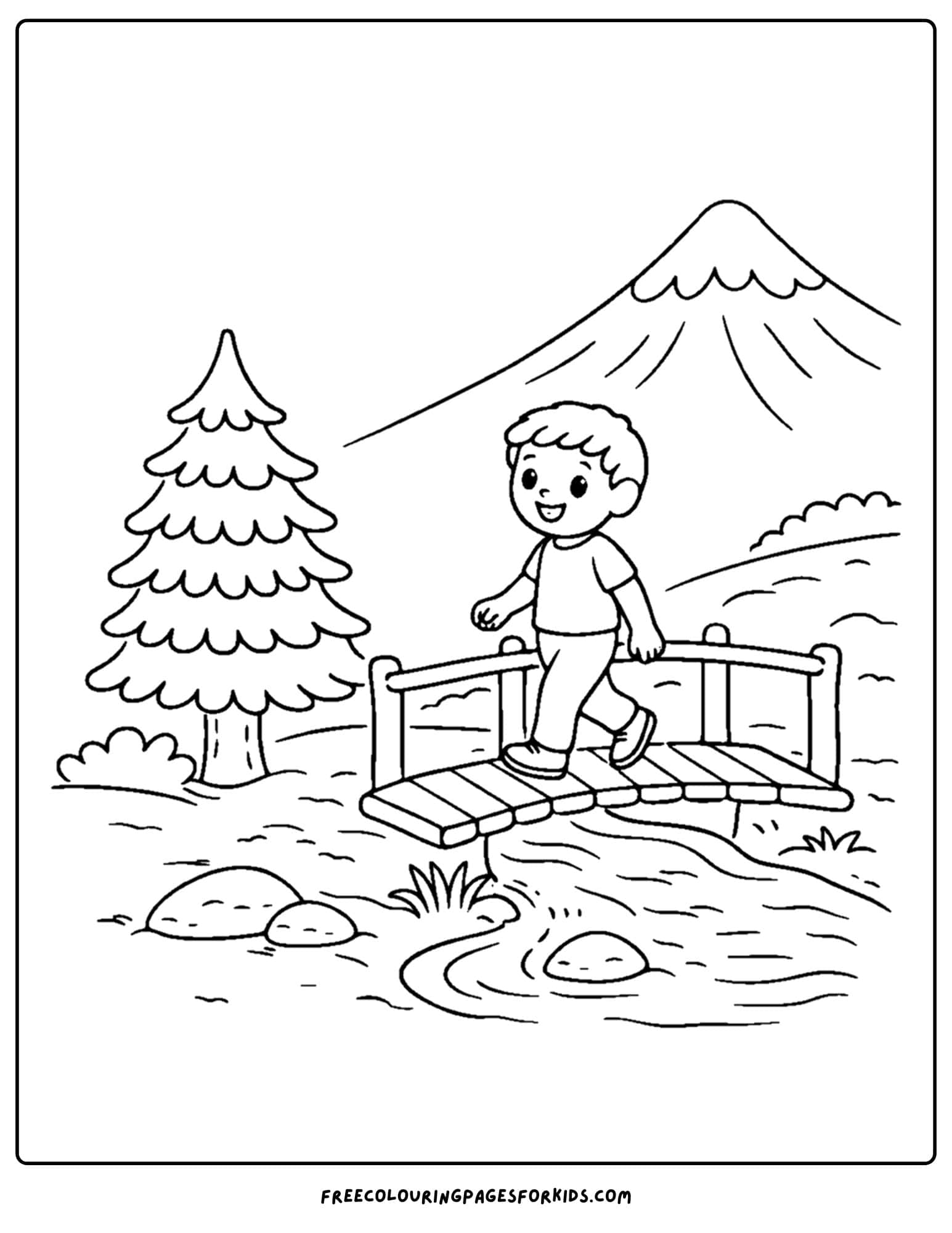 a coloring page of a mountain scene with a child walking across a bridge with mountains in the back