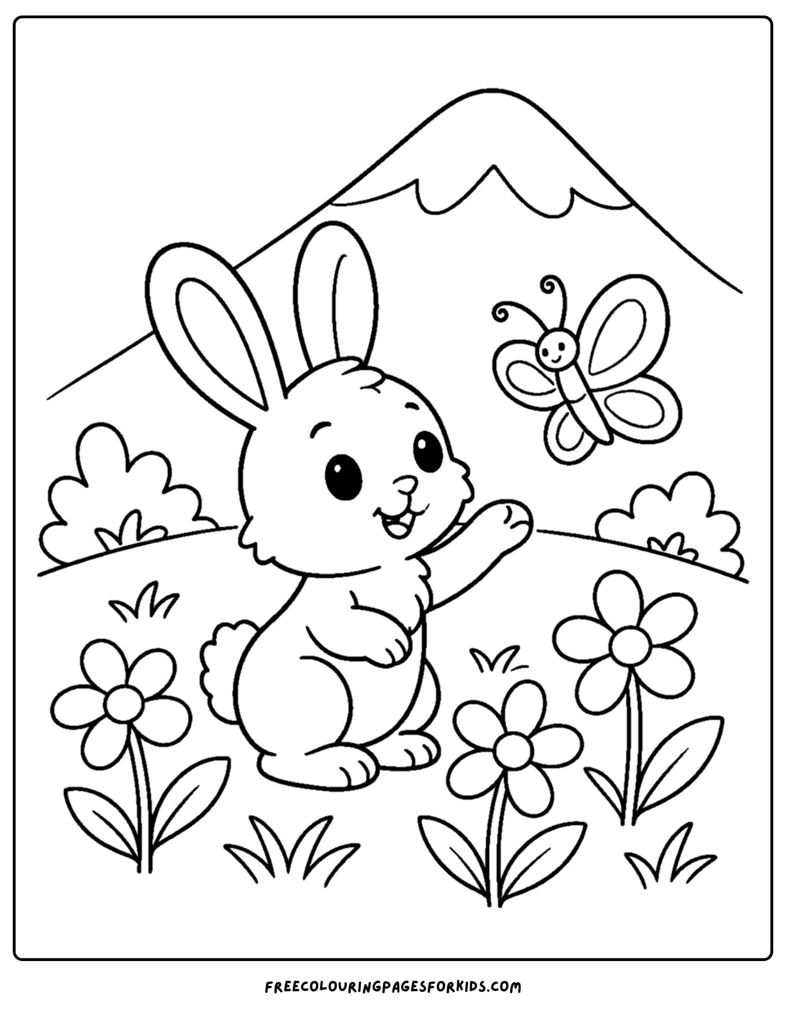 a coloring page of a mountain scene with a bunny in a flower meadow