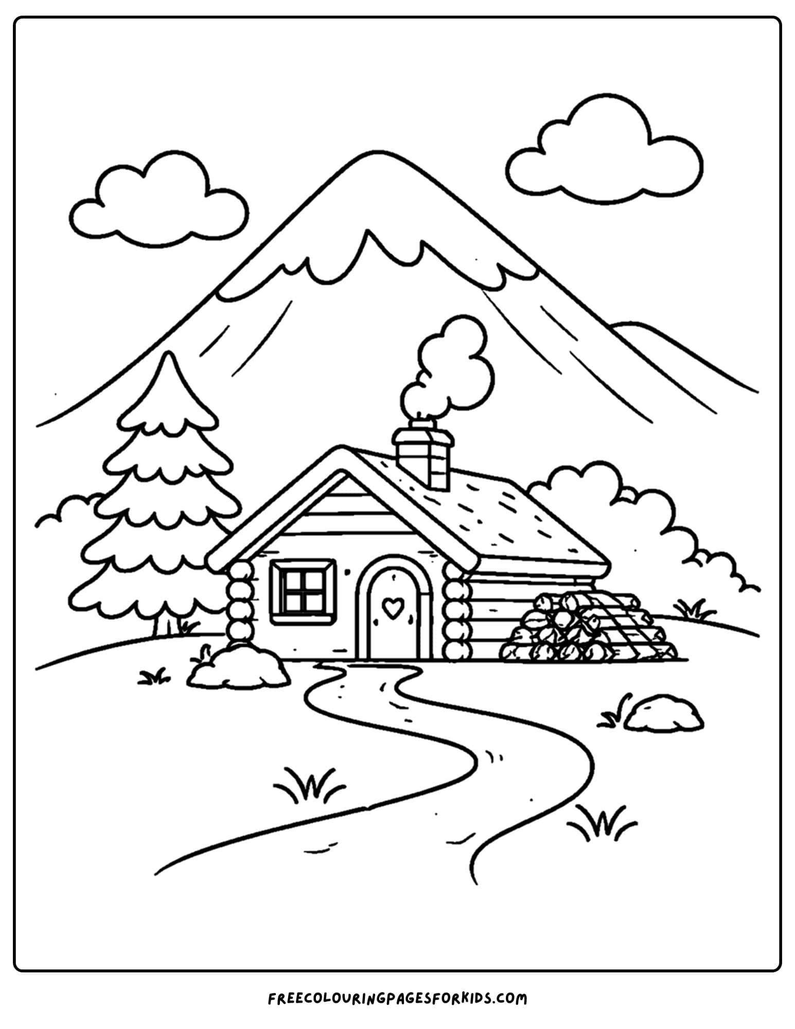 a coloring page of a mountain scene with a lovely mountain cabin