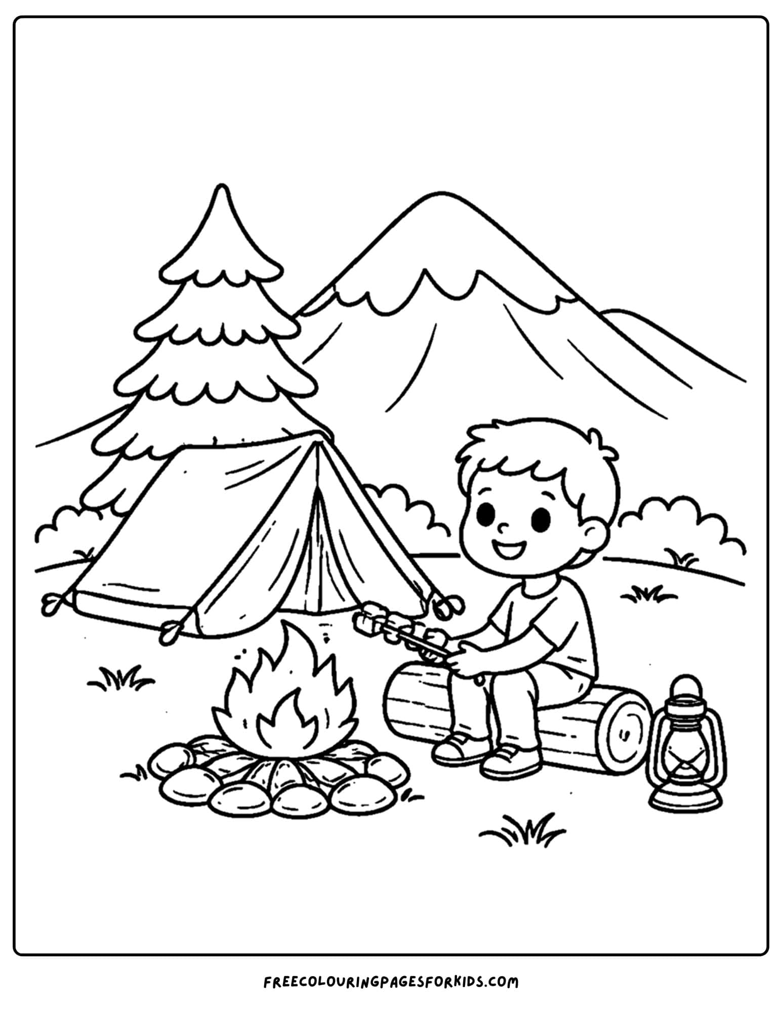 a coloring page of a mountain scene with a child camping with a campfire going