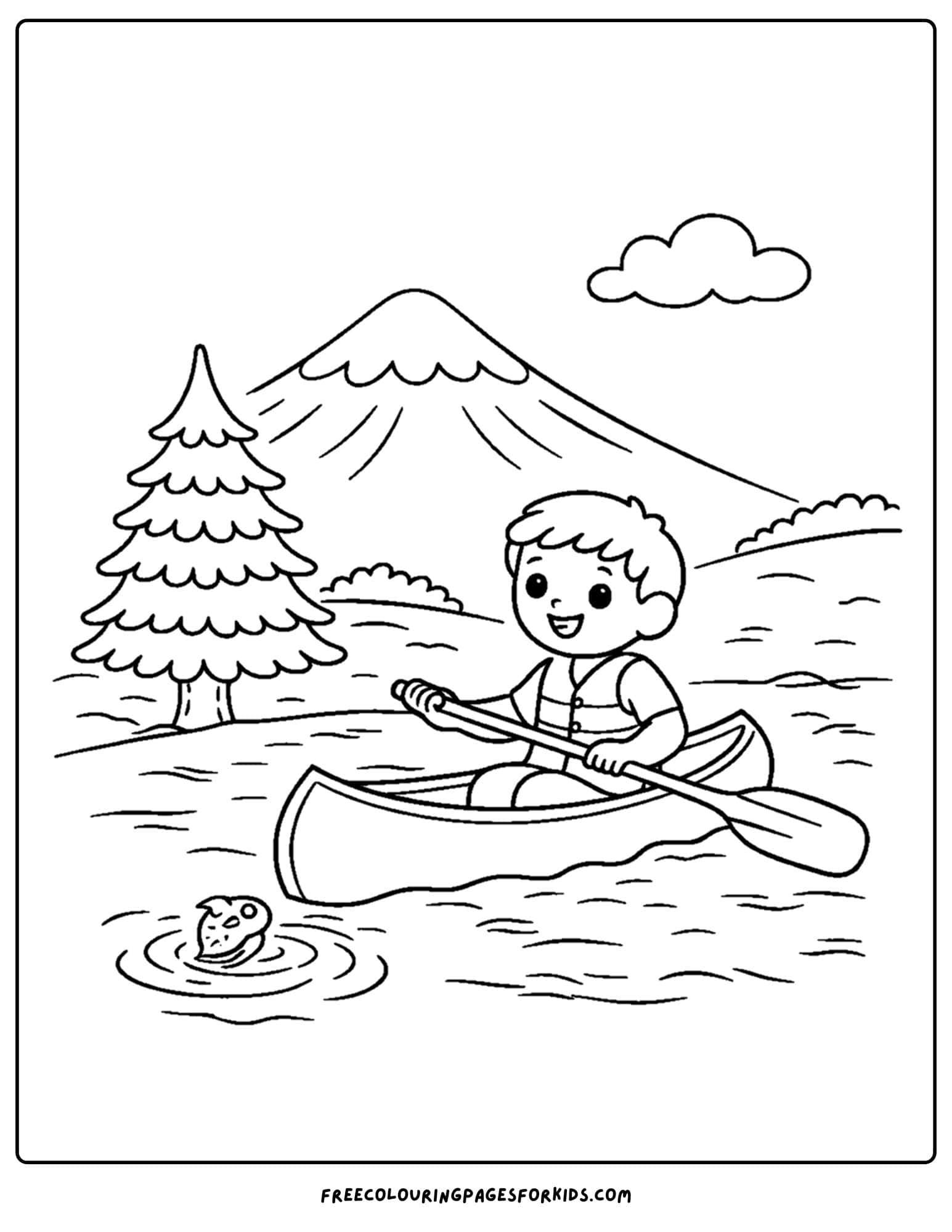 a coloring page of a mountain scene showing a child paddling in a canoe on a mountain lake