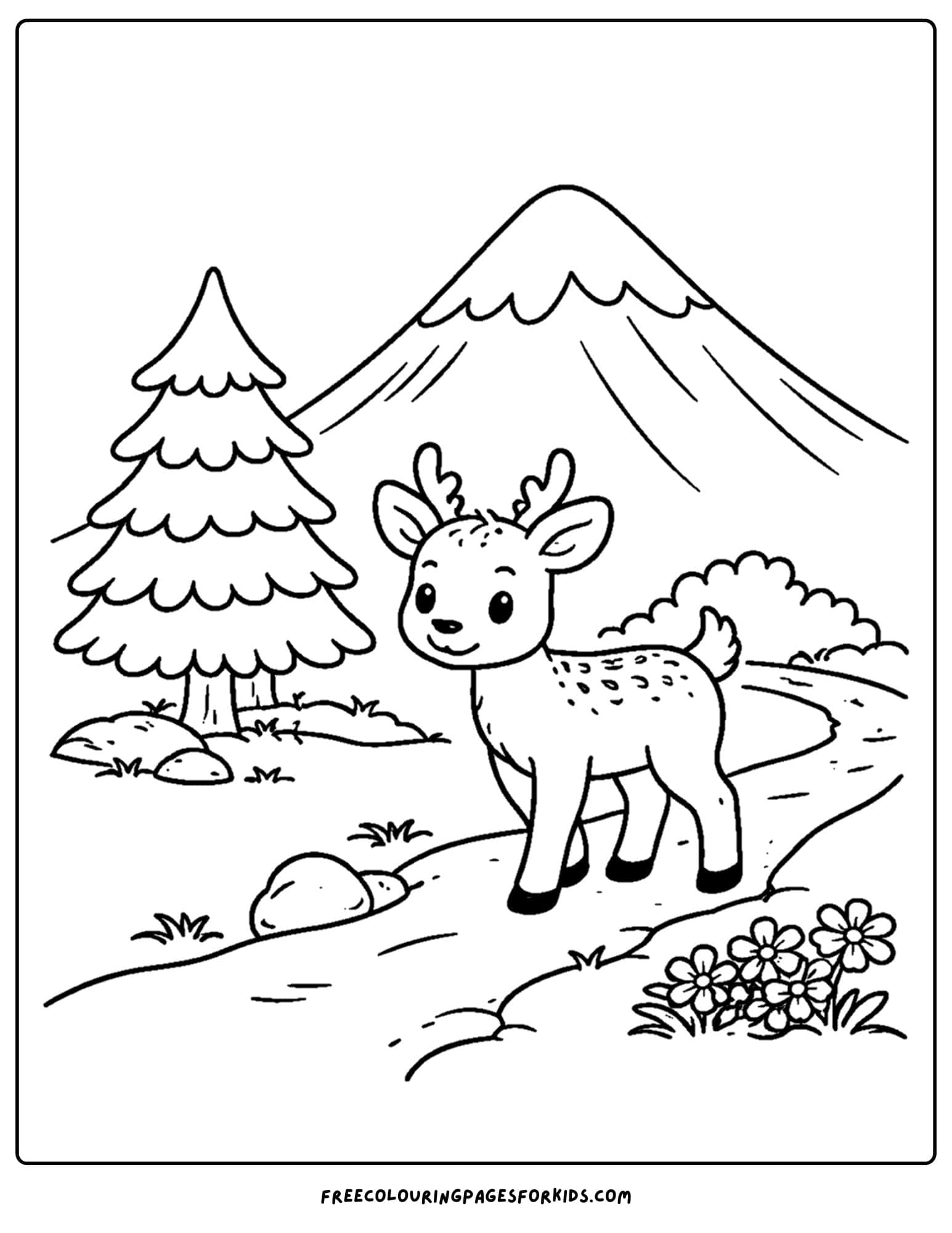 a coloring page of a mountain scene of a deer walking down a mountain path