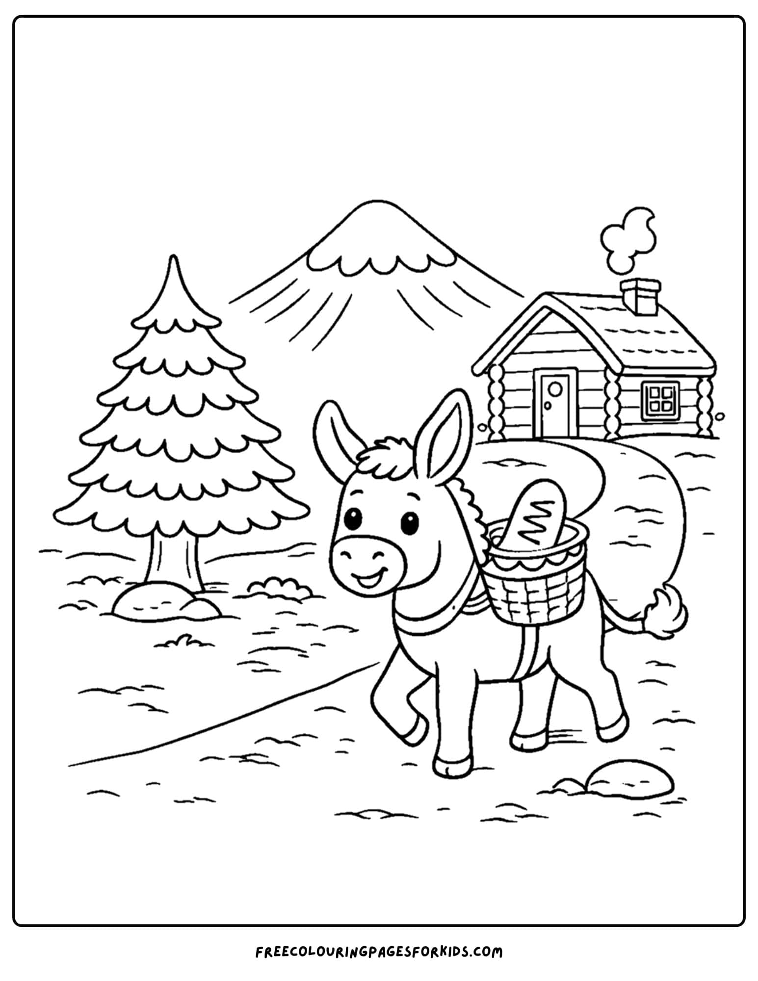 a coloring page of a mountain scene with a donkey delivering bread to a mountain cabin