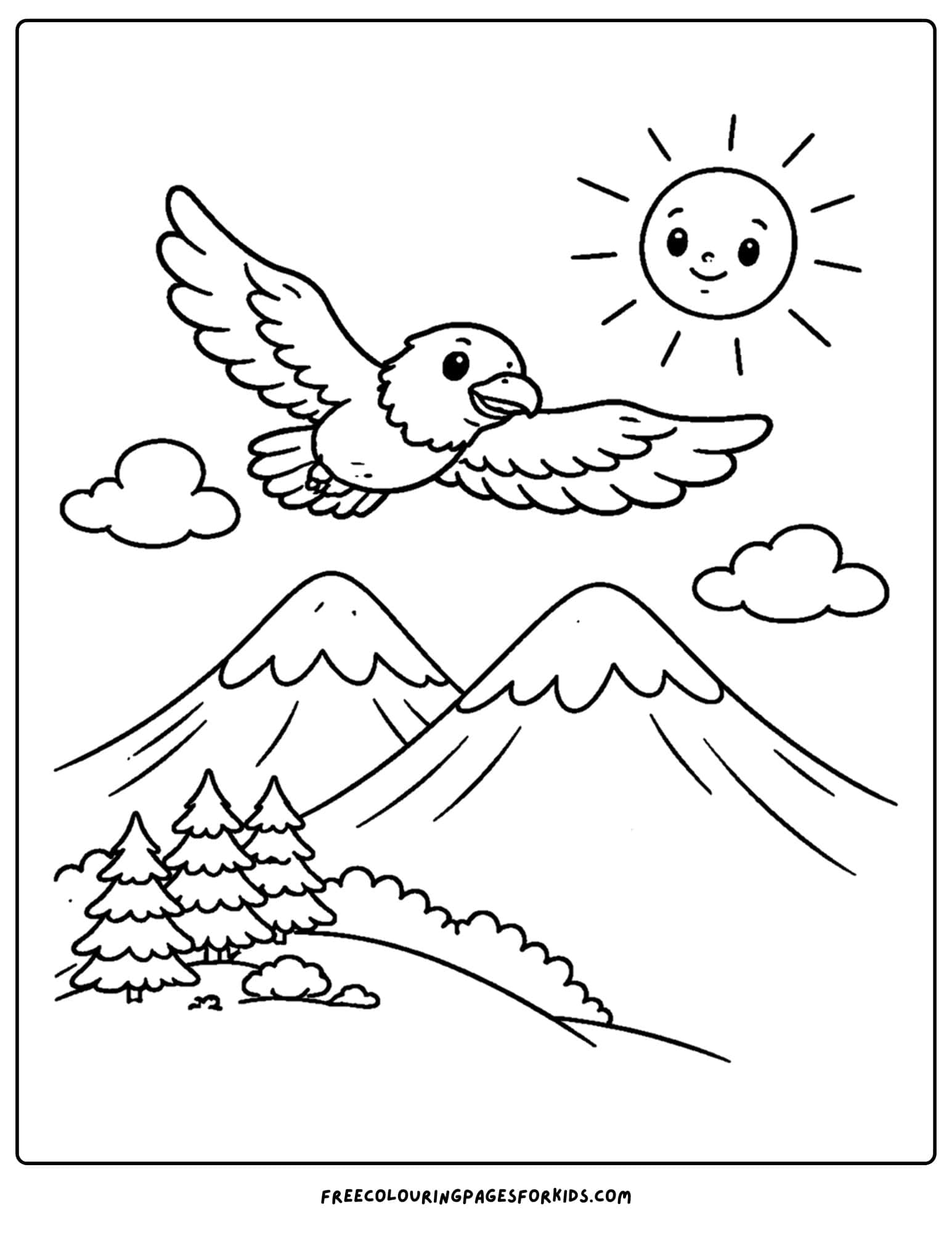 a coloring page of a mountain scene of an eagle soaring high above them