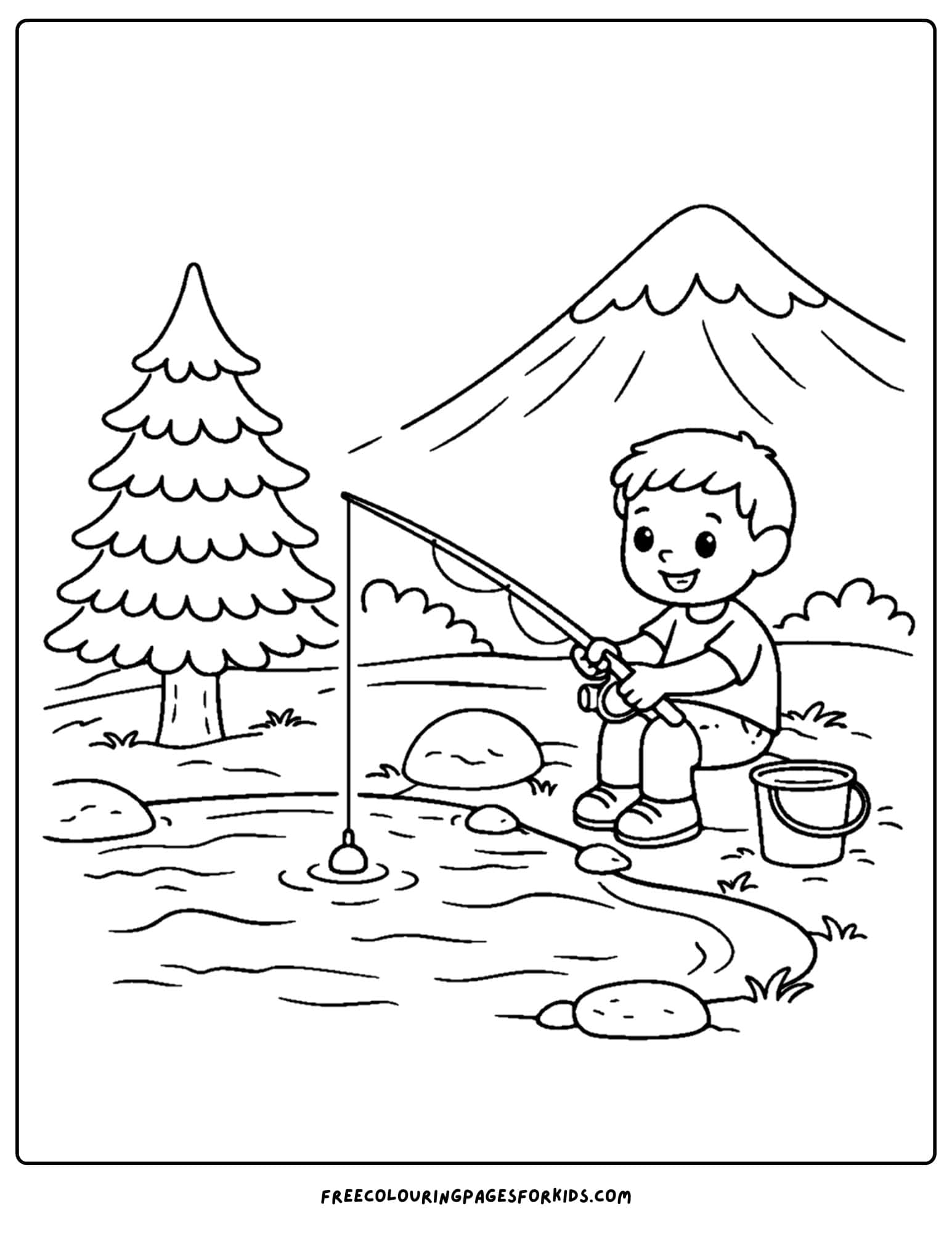 a coloring page of a mountain scene with a child fishing in a mountain stream