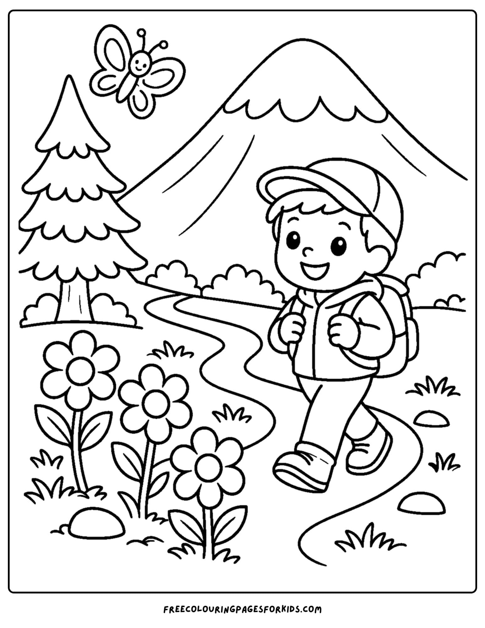 a coloring page of a mountain scene with a child walking past flowers in the mountains