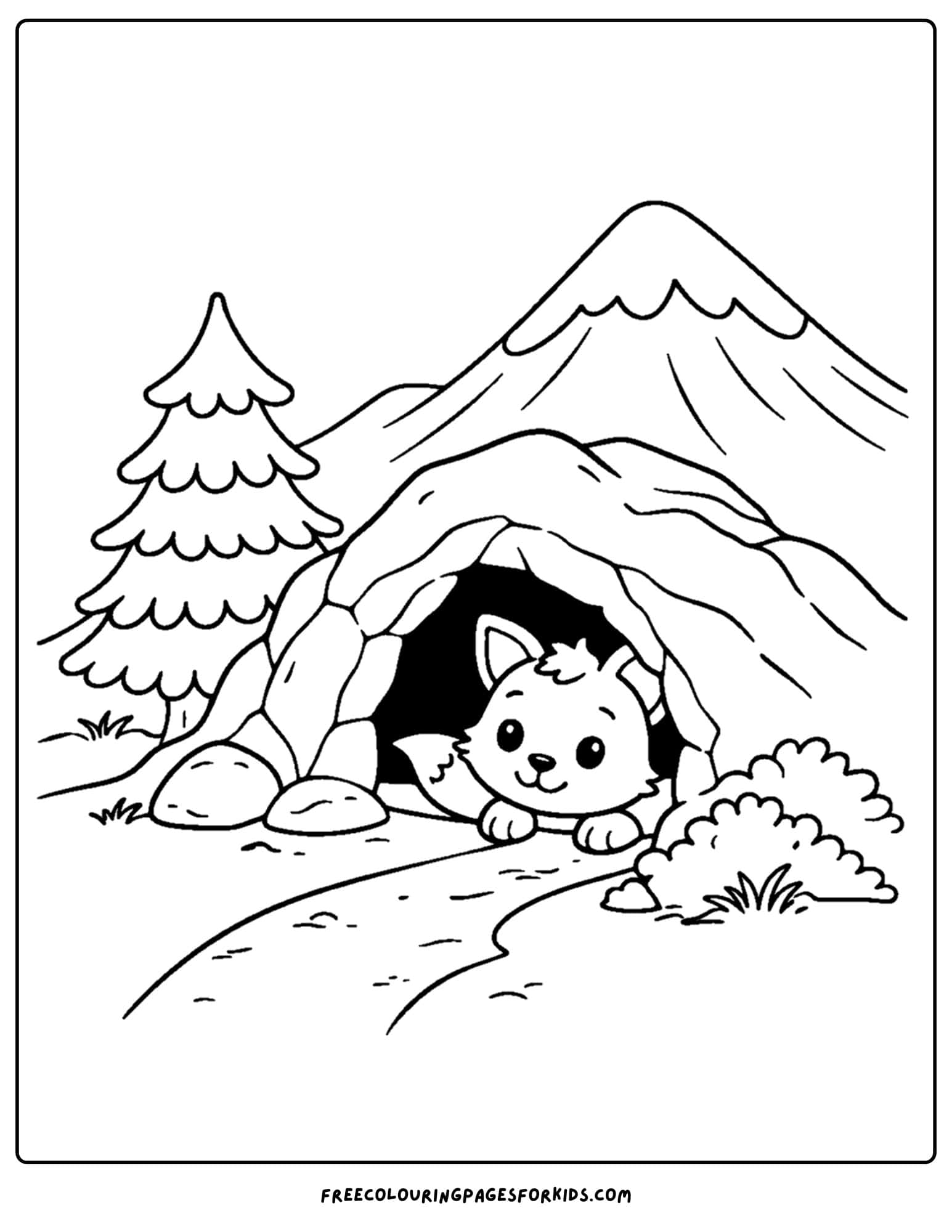 a coloring page of a mountain scene with a fox in a mountain cave