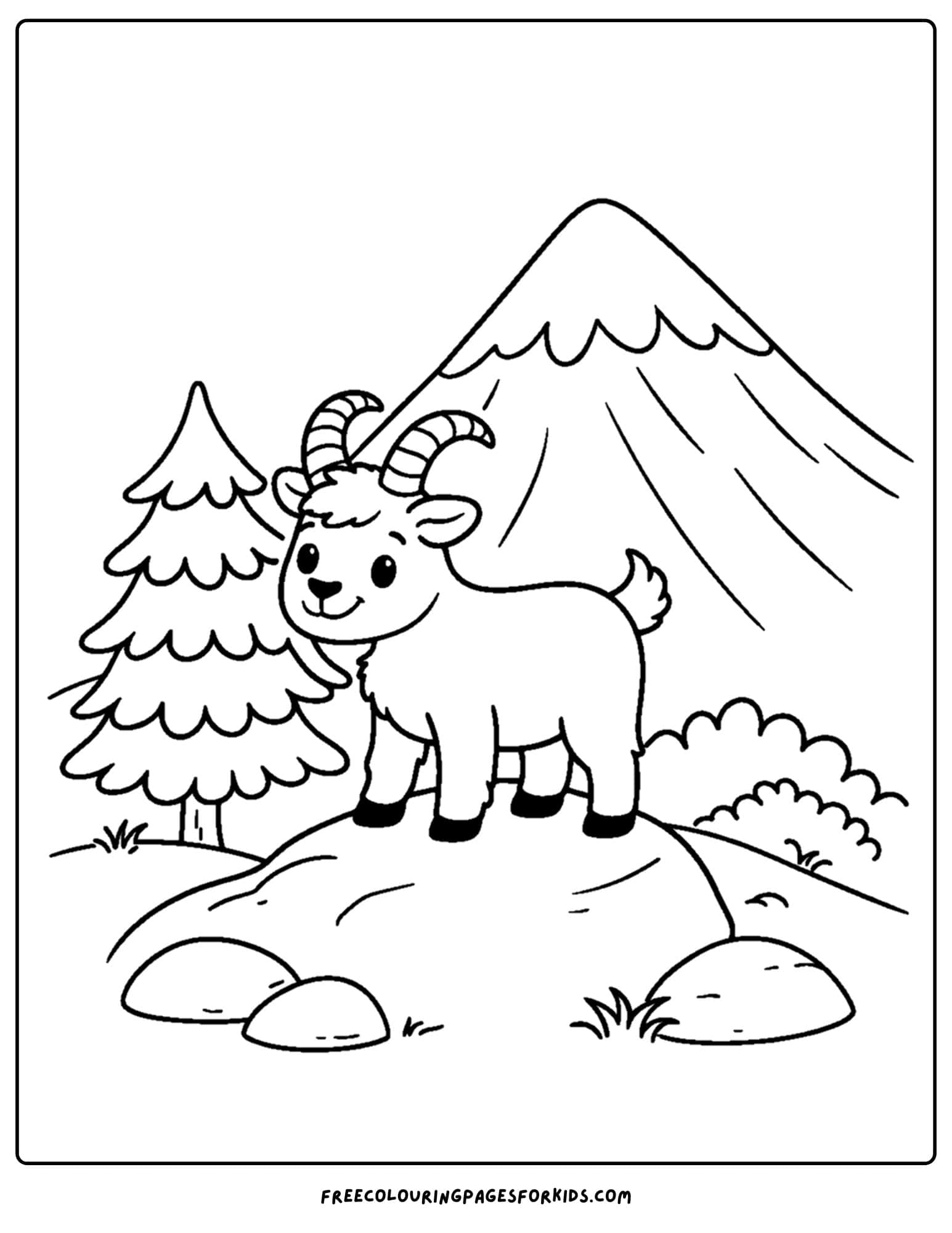 a coloring page of a mountain scene with a goat high up on a hill