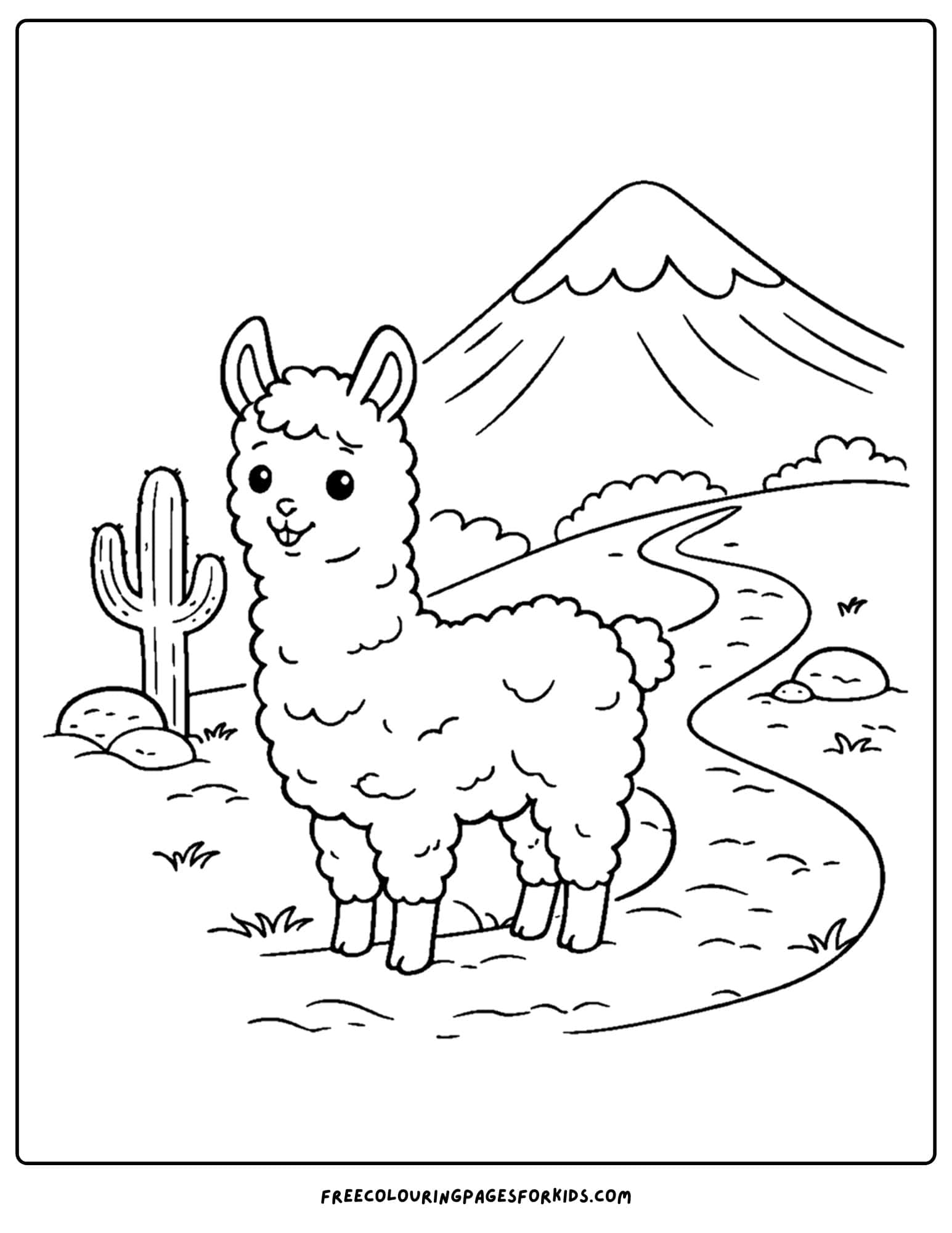 a coloring page of a mountain scene with a llama walking a mountain path