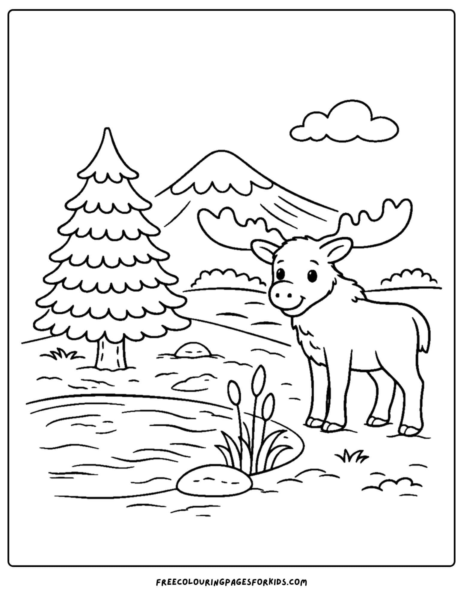 a coloring page of a mountain scene moose beside a pond