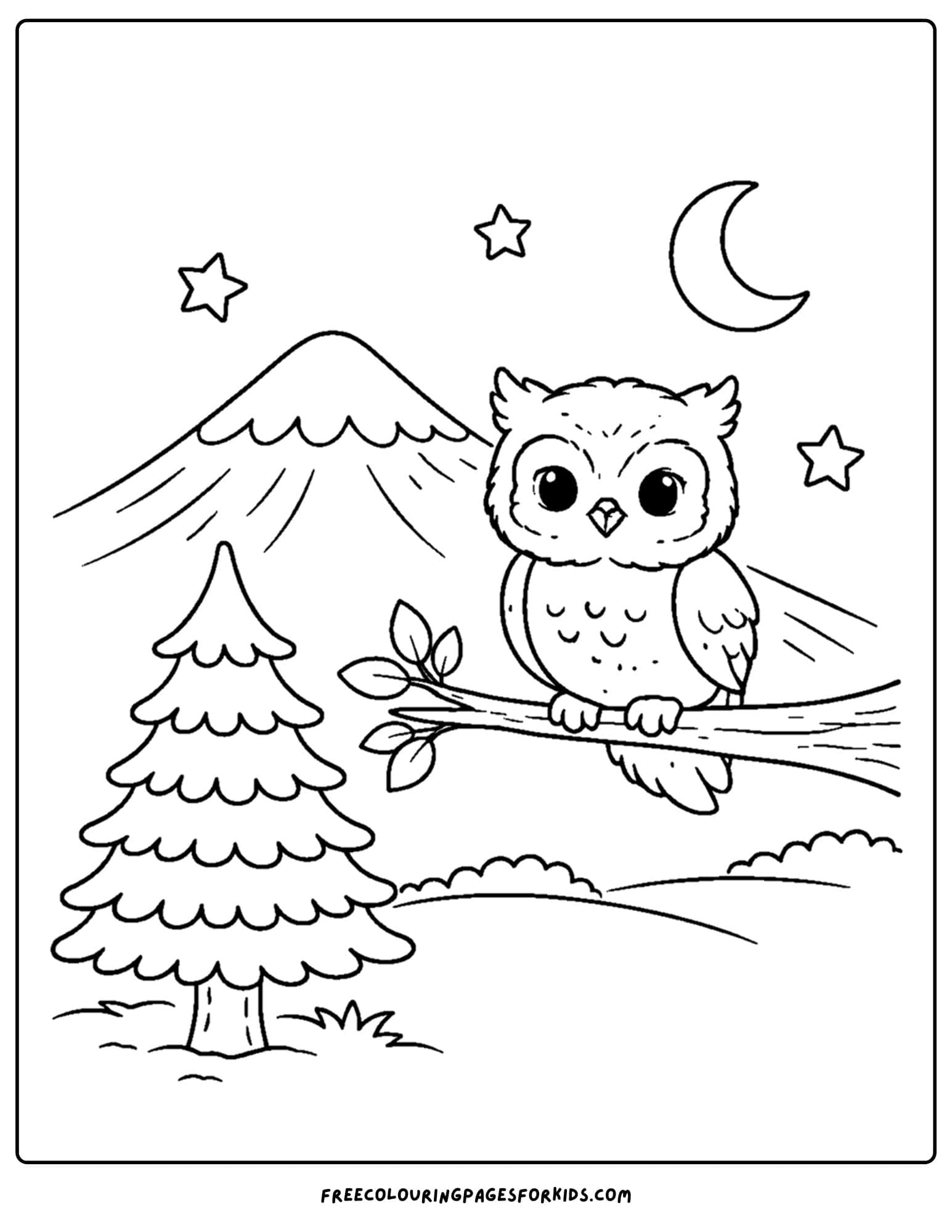 a coloring page of a mountain scene showing an owl on a branch with the mountains in the background