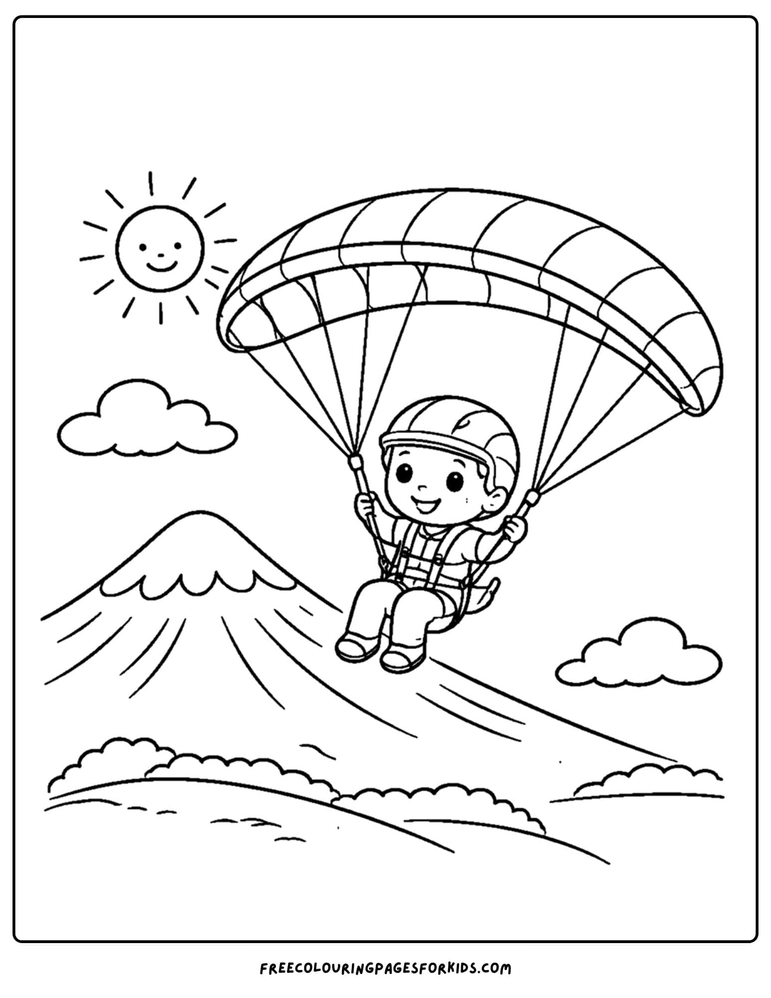 a coloring page of a mountain scene with a paraglider flying over them