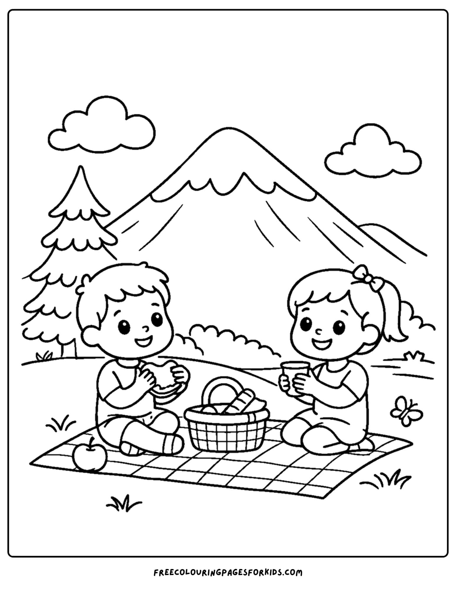 a coloring page of a mountain scene of a lovely picnic wit hthe mountains in the background