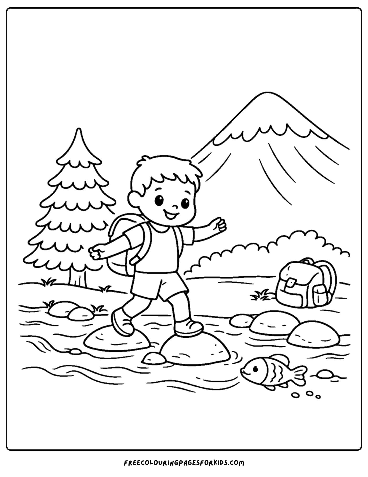 a coloring page of a mountain scene a child at a river crossing with mountains behind