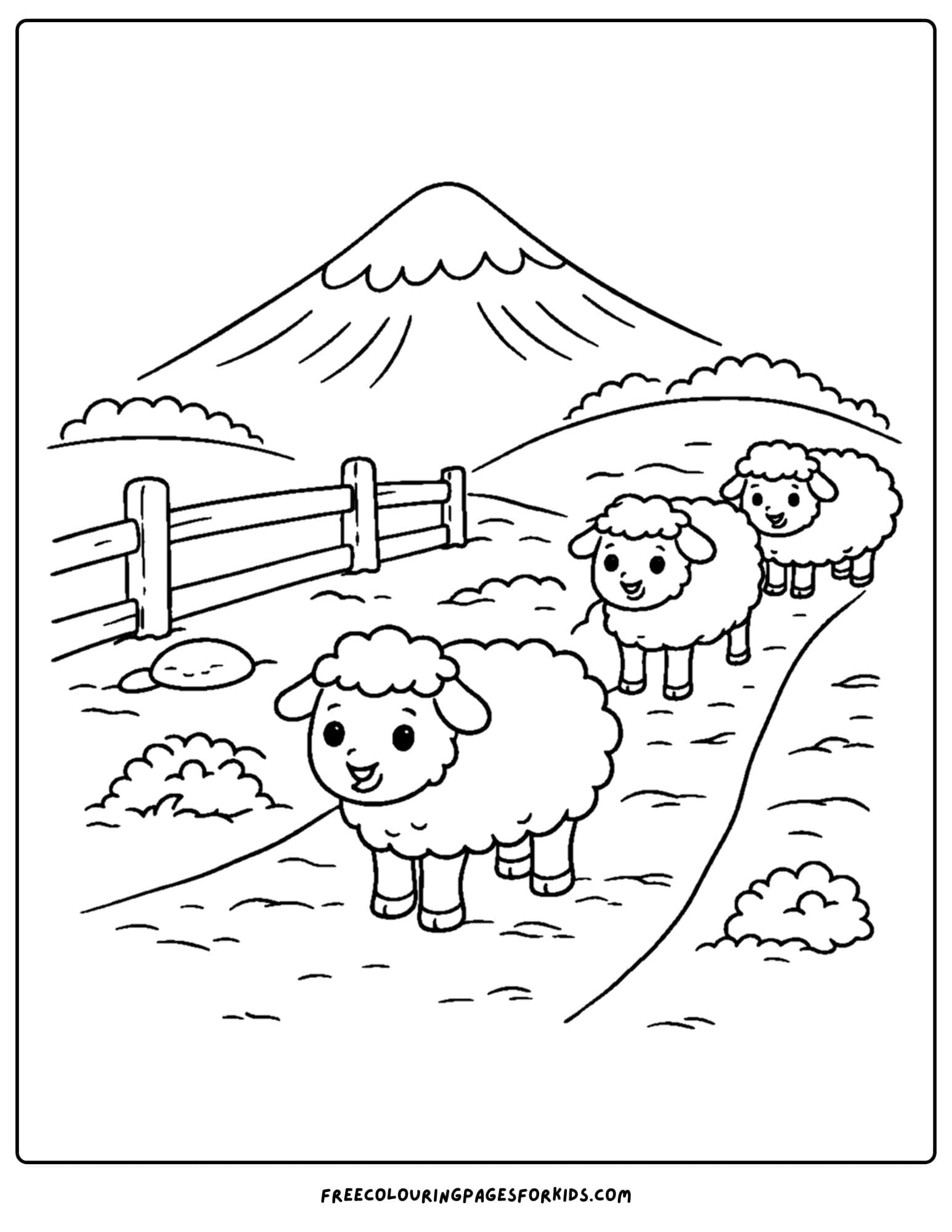a coloring page of a mountain scene showing sheep walking down a path in front of some mountains