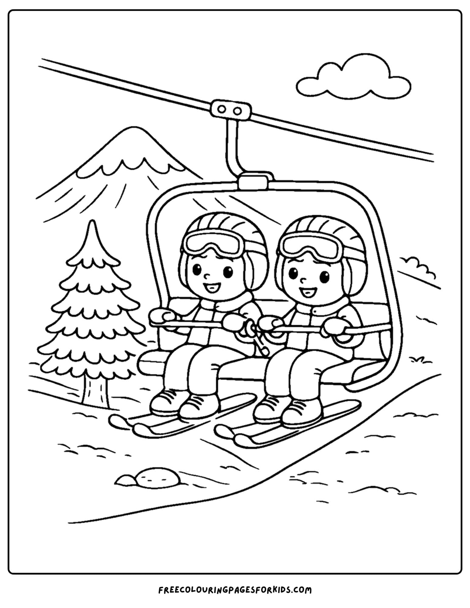 a coloring page of a mountain scene with a snow ski lift shot