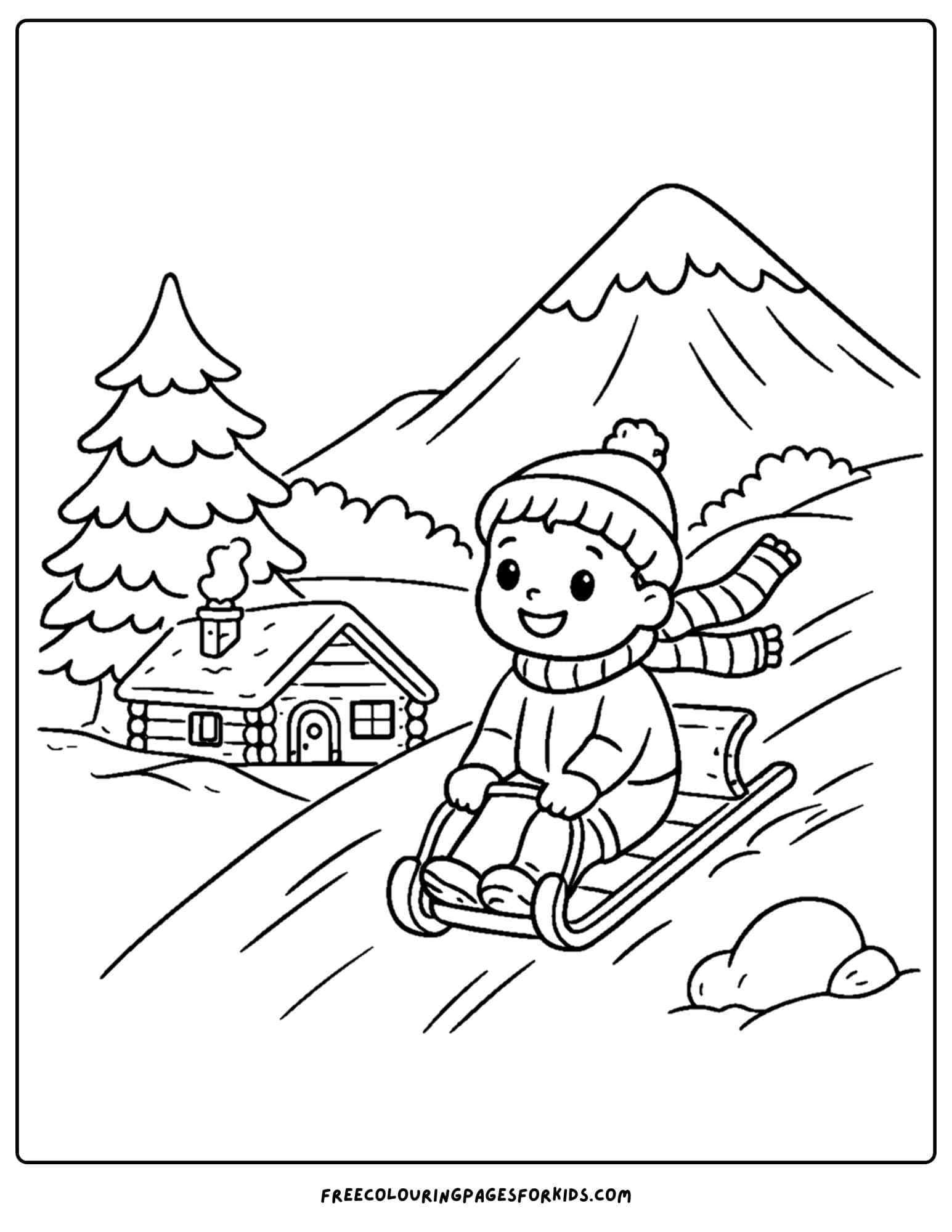 a coloring page of a mountain scene as a kid rides a sled down the snowy mountain