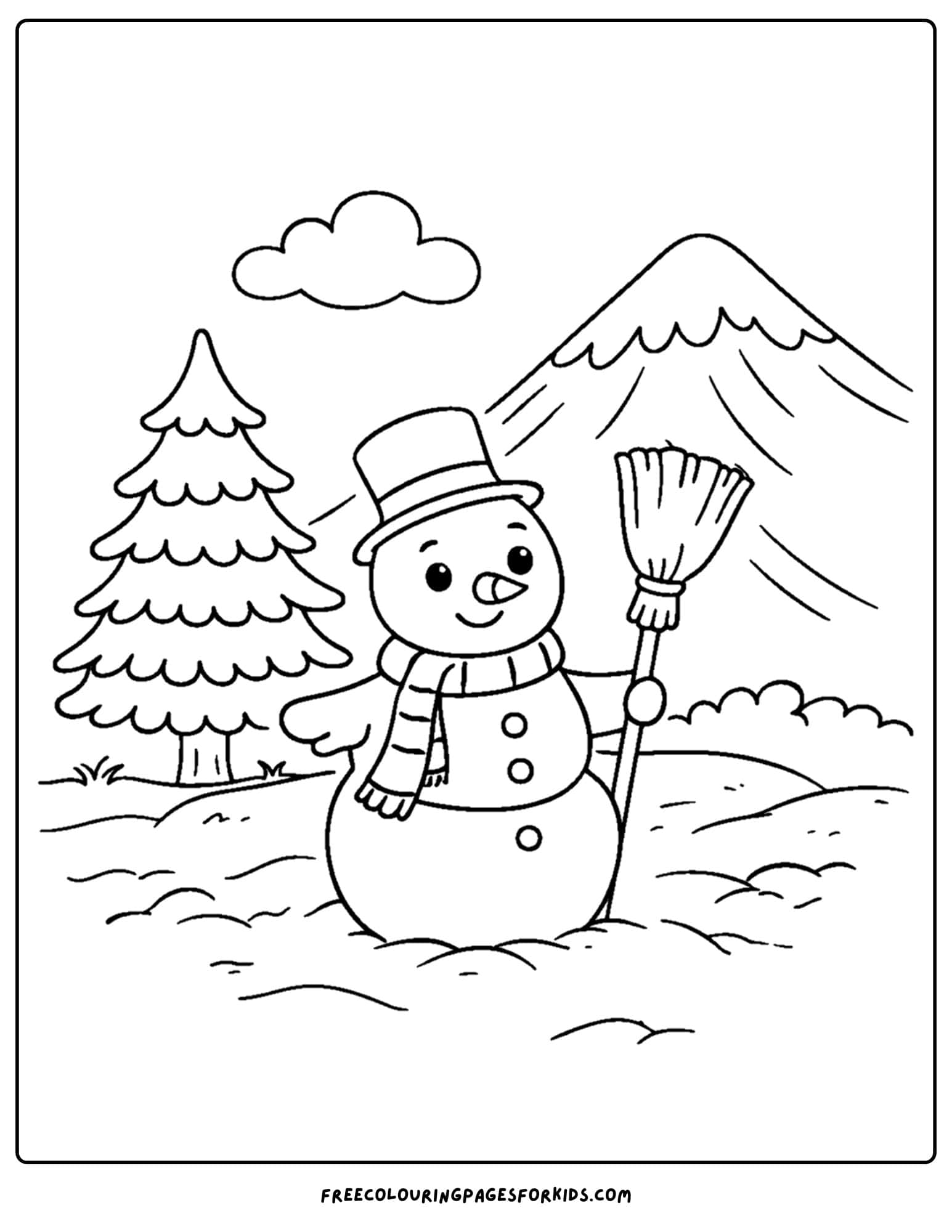 a coloring page of a mountain scene with a snowman and snow around