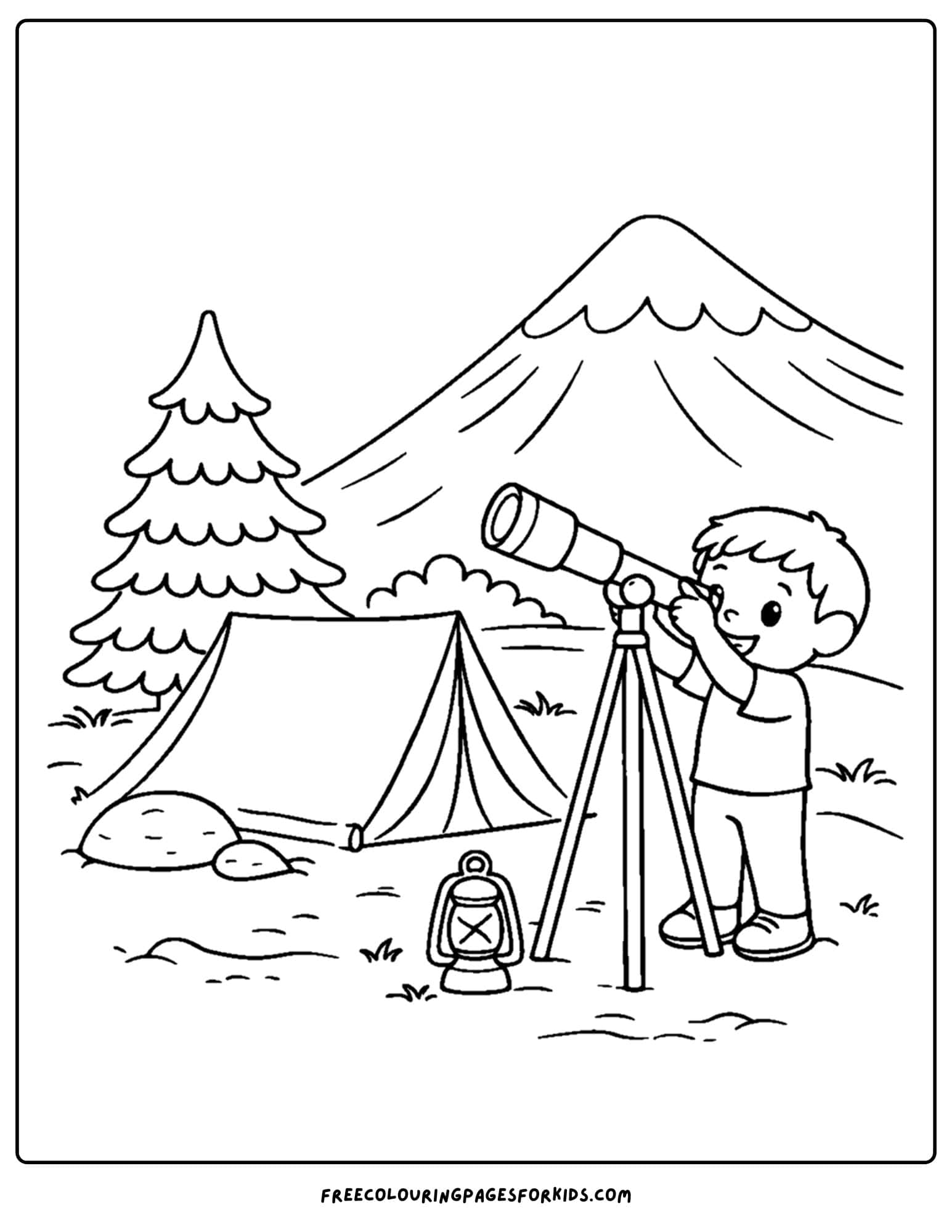a coloring page of a mountain scene with a child stargazing from their mountain camp site