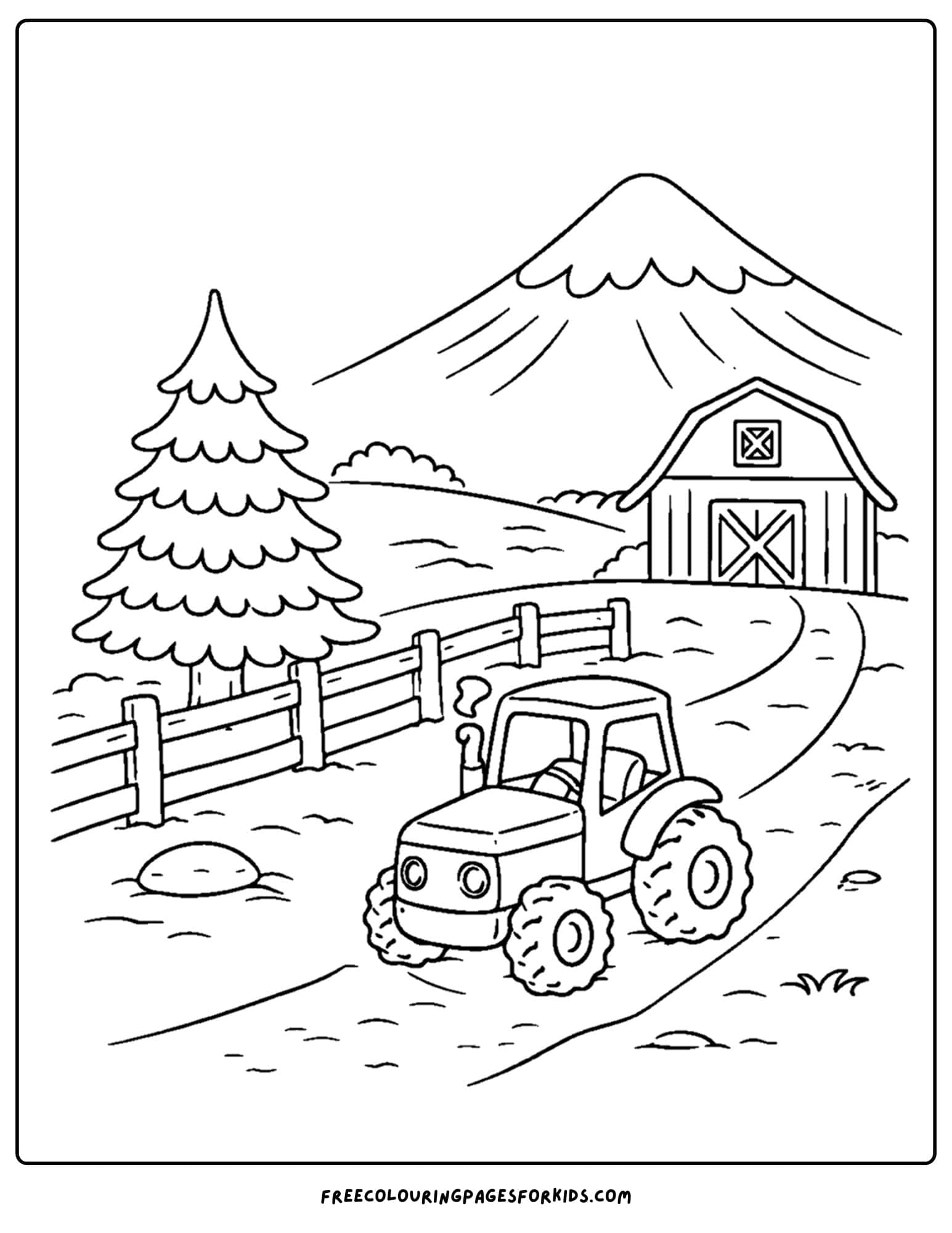 a coloring page of a mountain scene with a farm and tractor in the foreground