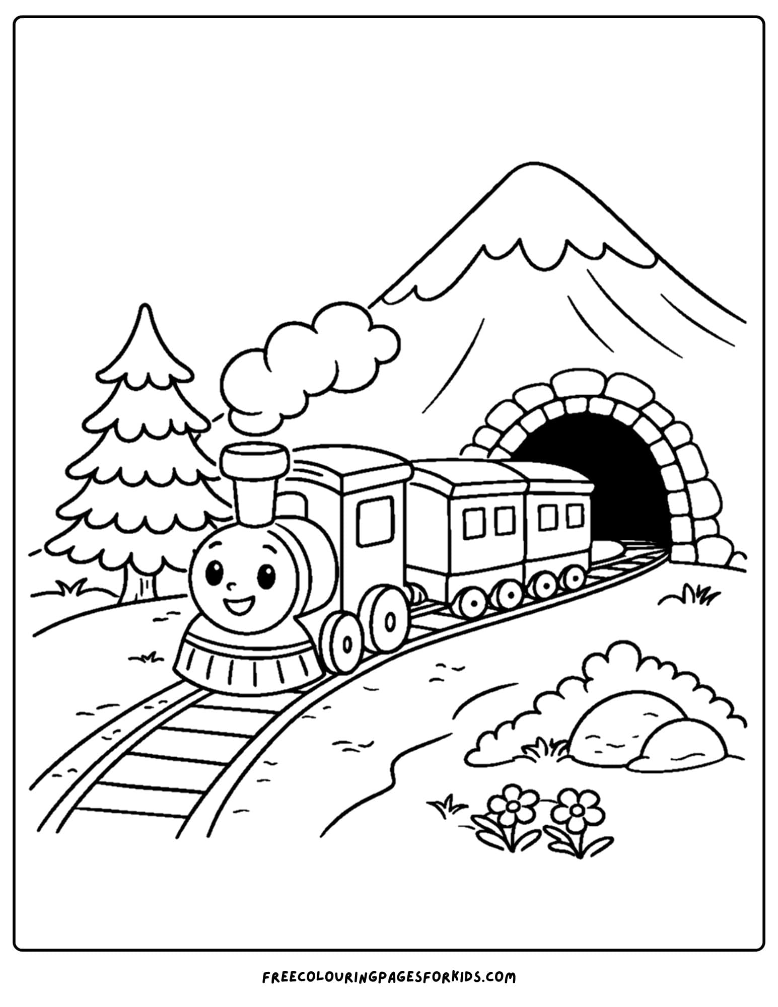 a coloring page of a mountain scene as a train appears out of a mountain tunnel
