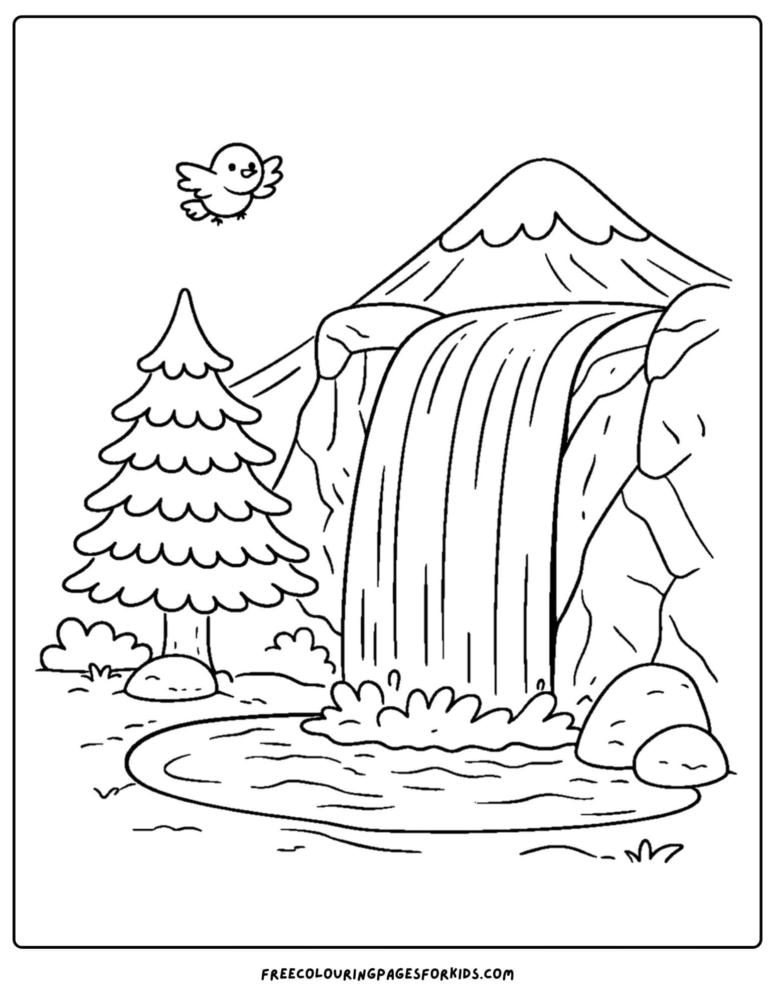a coloring page of a mountain scene with a waterfall