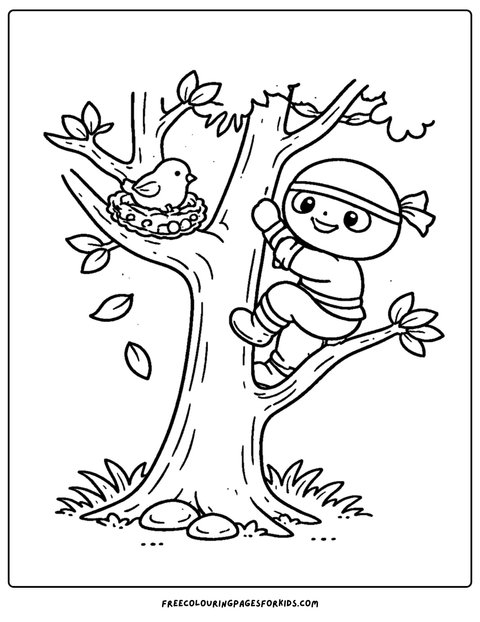 a coloring page of a ninja climbing a tree