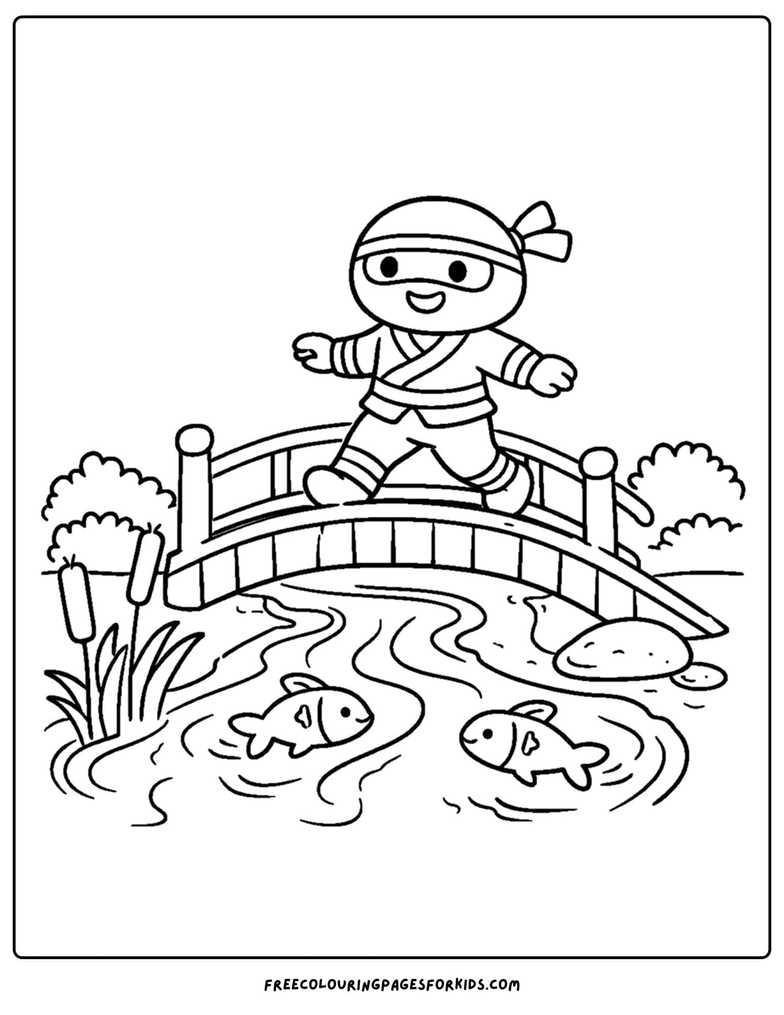 a coloring page of a ninja crossing a bridge