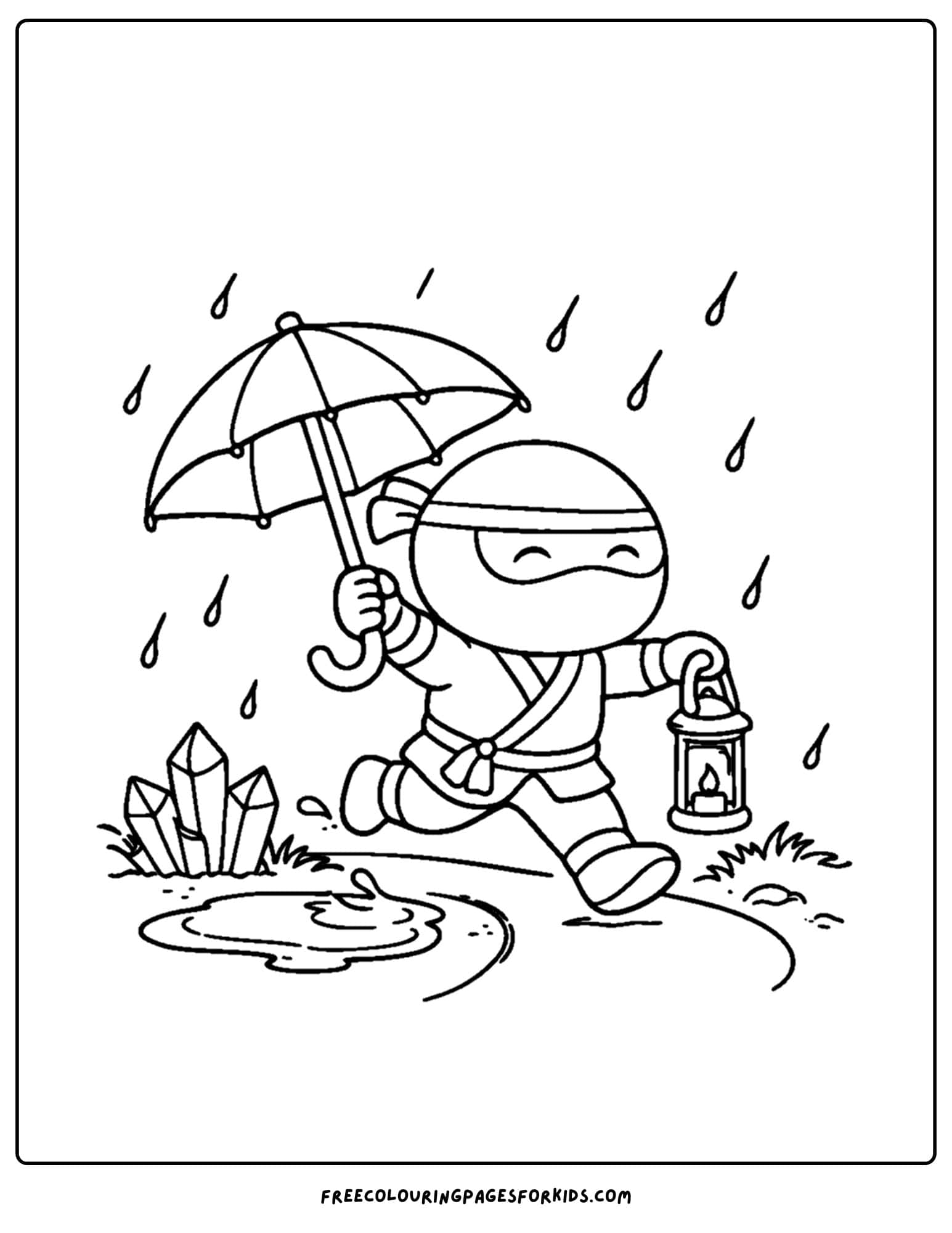 a coloring page of a ninja dashing through the rain
