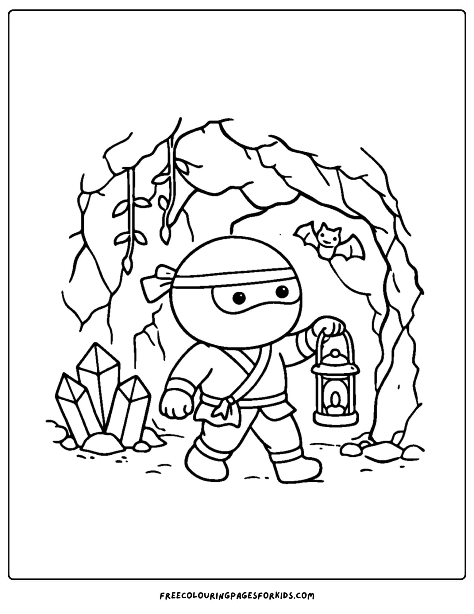 a coloring page of a ninja exploring a cave