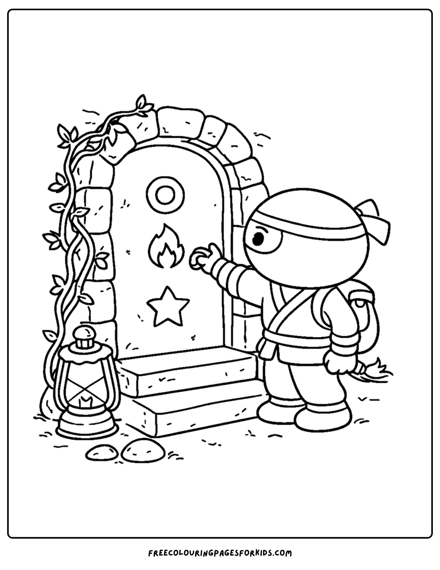 a coloring page of a ninja finding a secret door