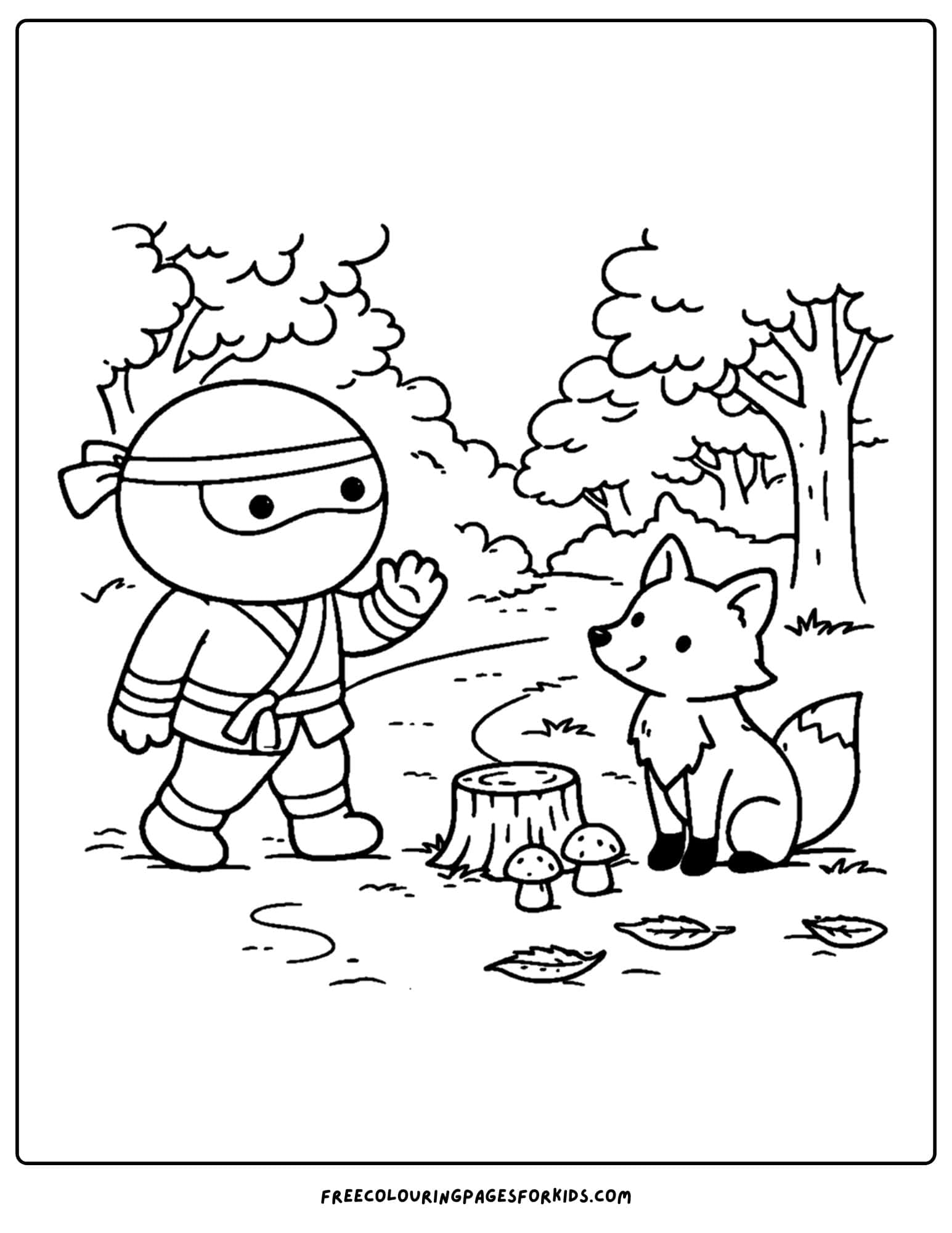 a coloring page of a ninja greeting a fox in the woods