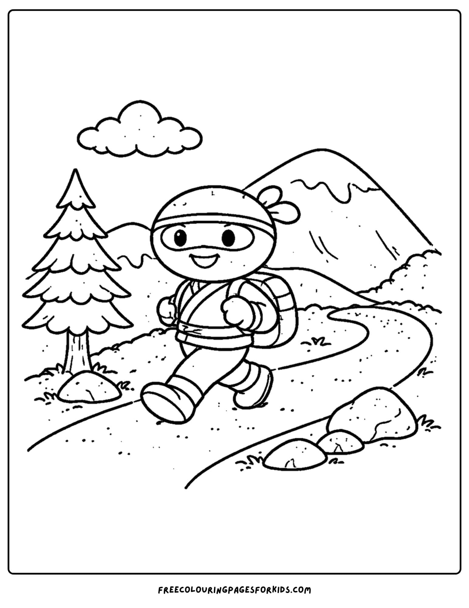 a coloring page of a ninja hiking a mountain path