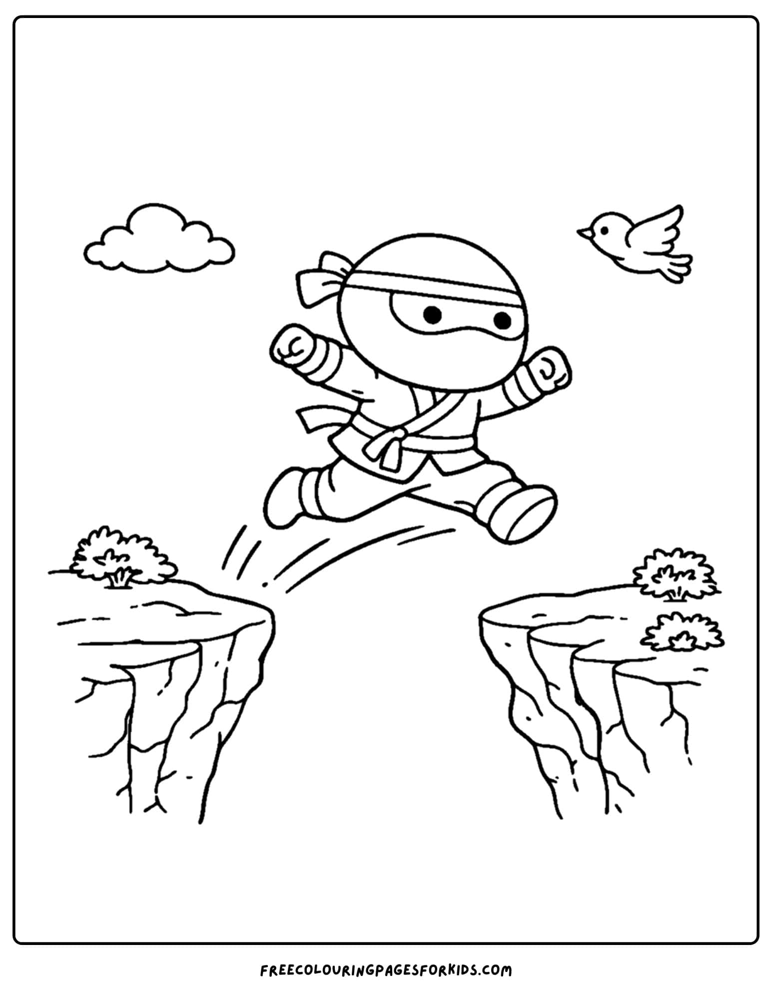 a coloring page of a ninja leaping between cliffs