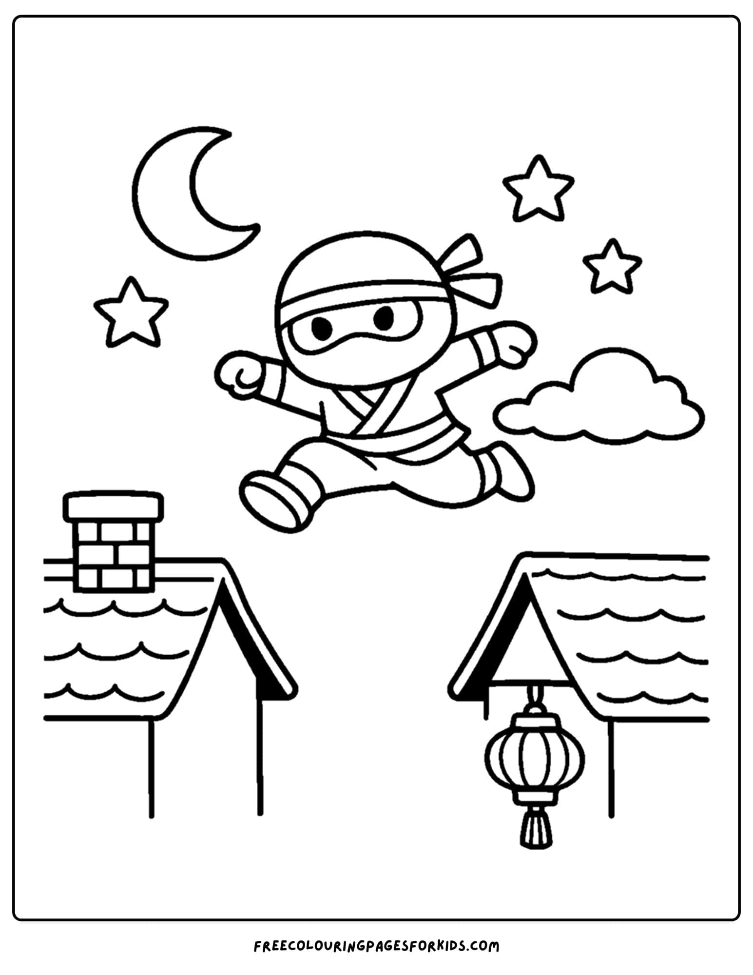 a coloring page of a ninja leaping over roof tops