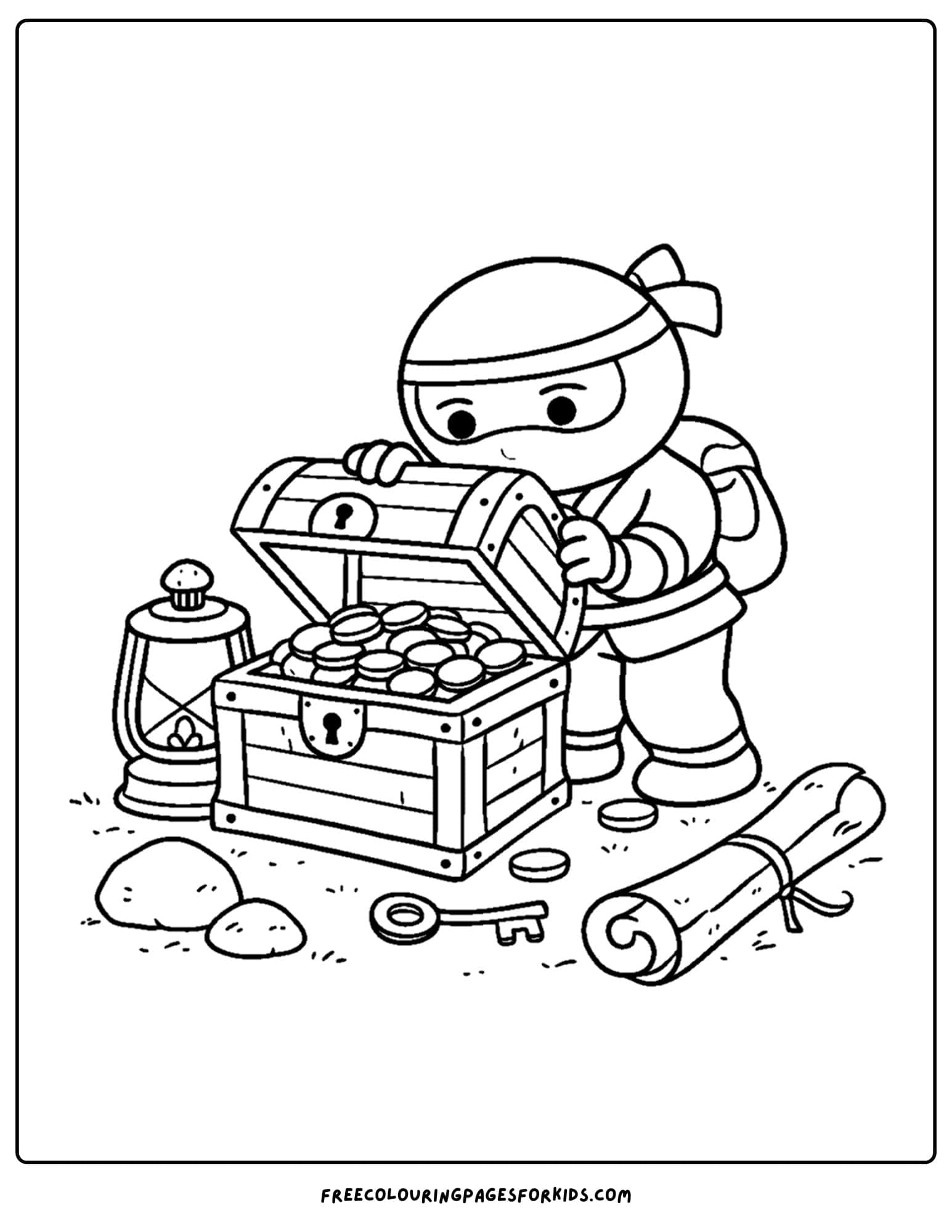 a coloring page of a ninja opening a treasure chest
