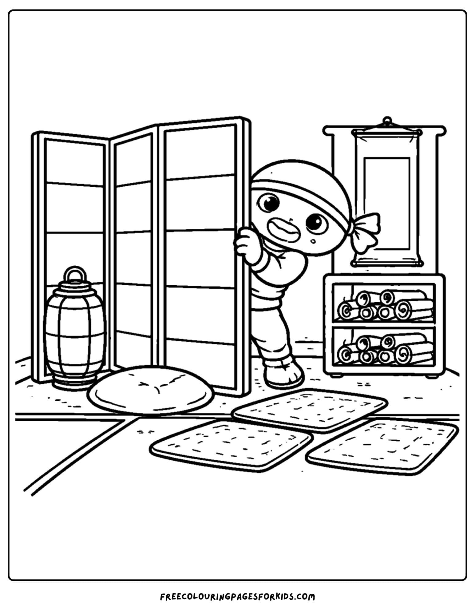 a coloring page of a ninja peaking from behind a screen