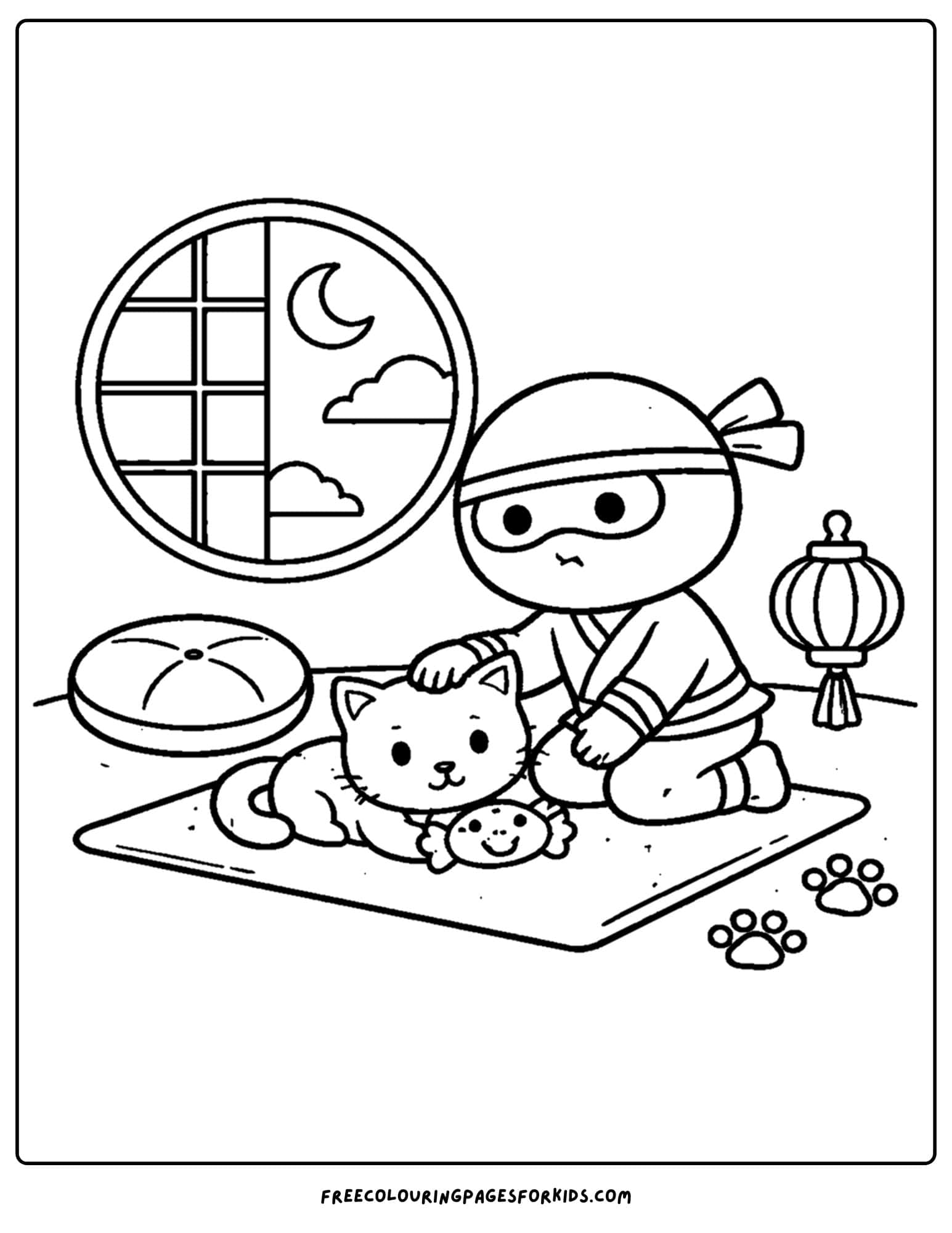 a coloring page of a ninja playing with a cat
