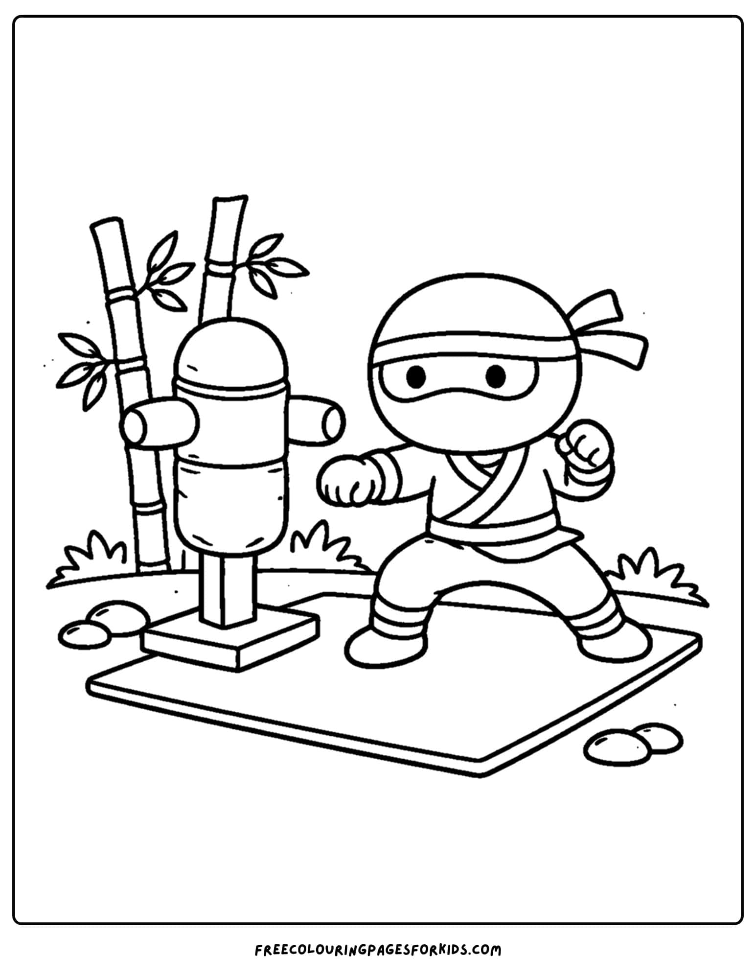 a coloring page of a ninja doing ninja practice with a dummy