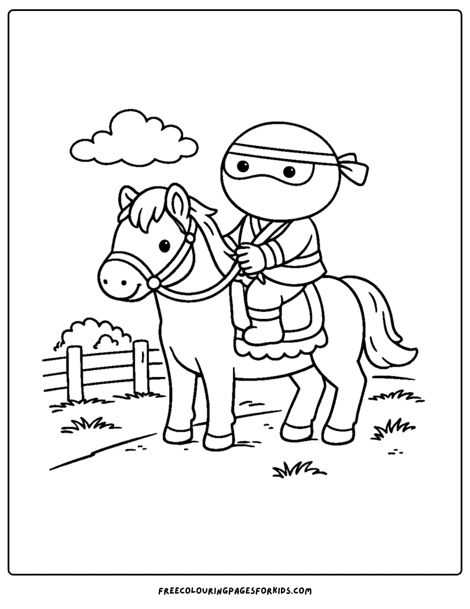 a coloring page of a ninja riding a horse