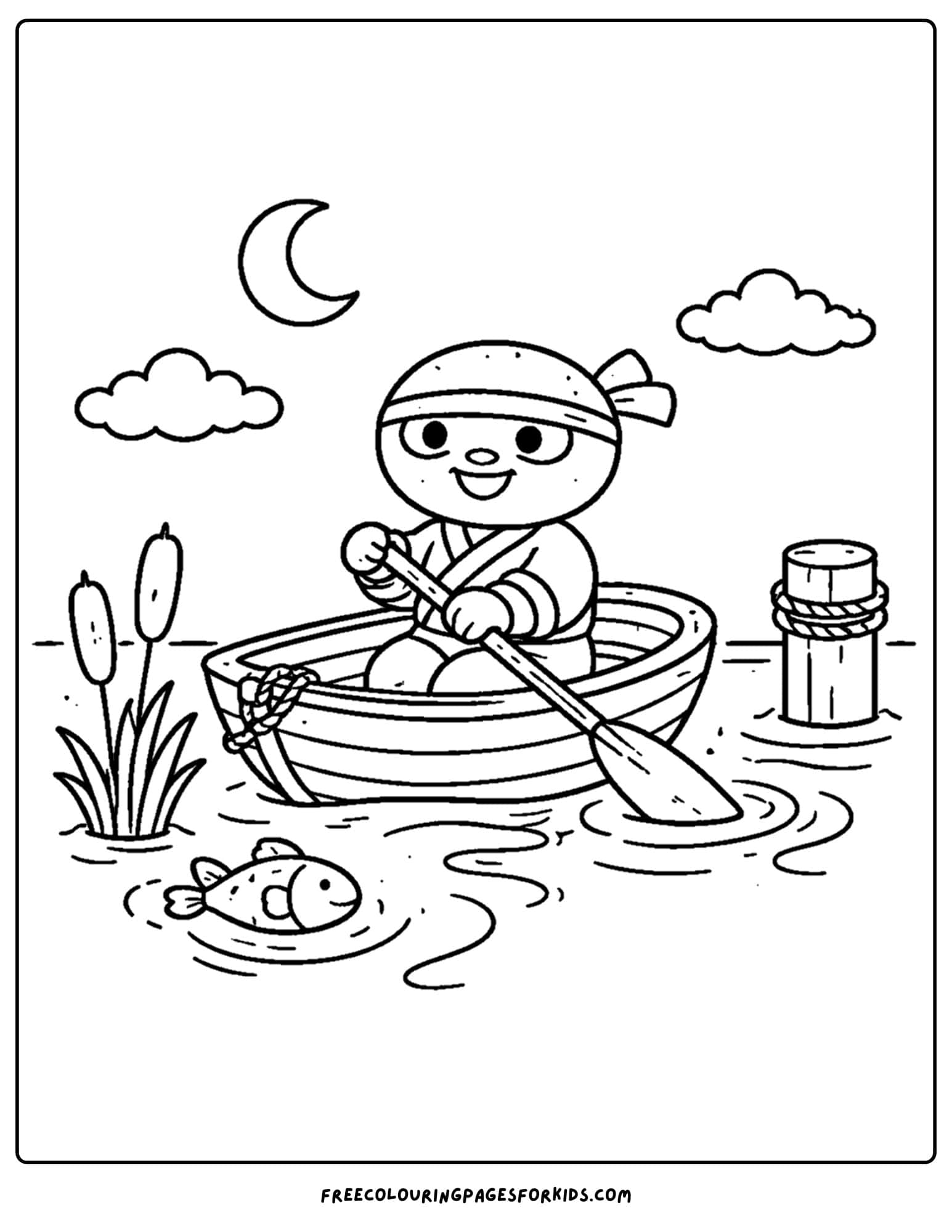 a coloring page of a ninja rowing a boat