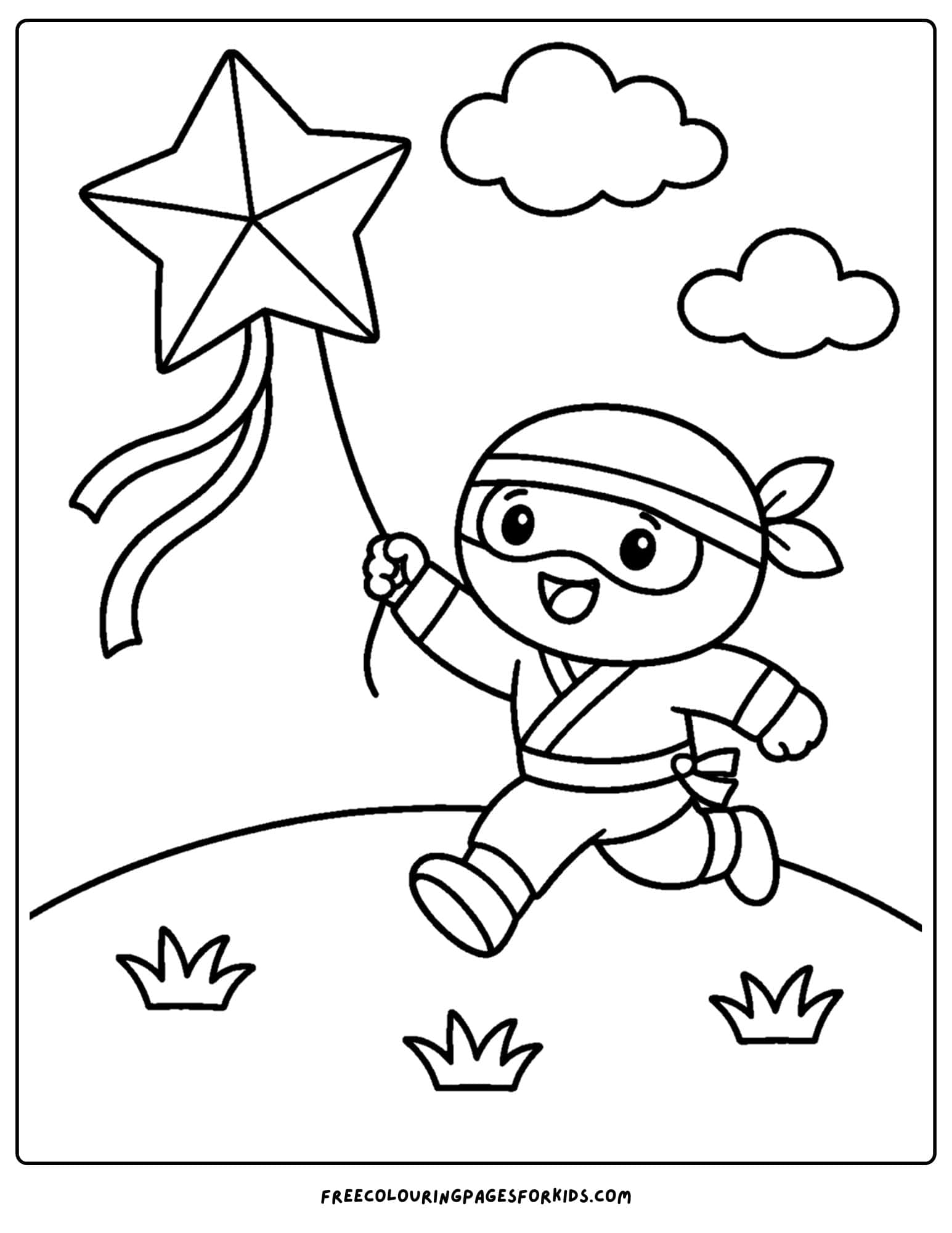 a coloring page of a ninja flying a star shaped kite