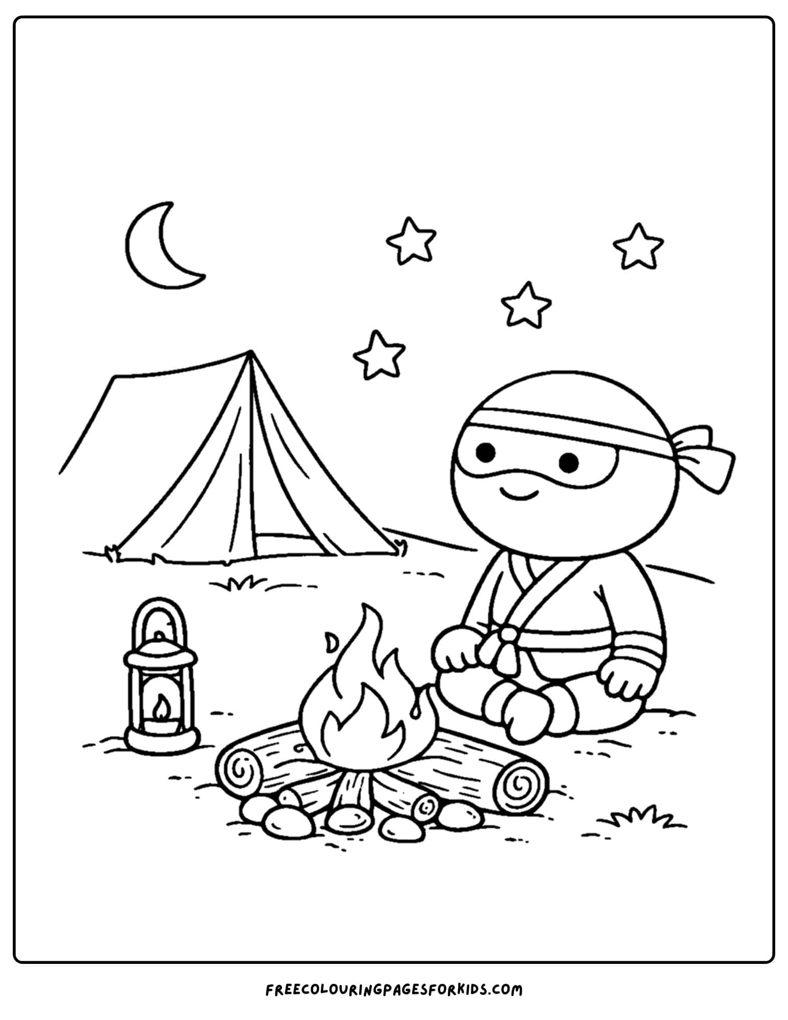 a coloring page of a ninja sitting by a campfire