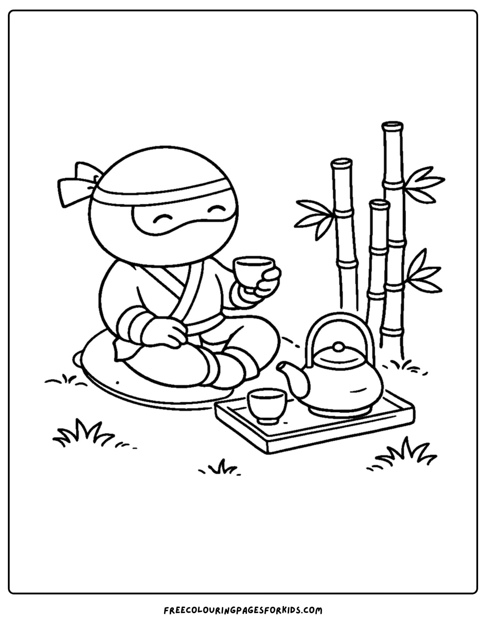 a coloring page of a ninja sitting to have some tea