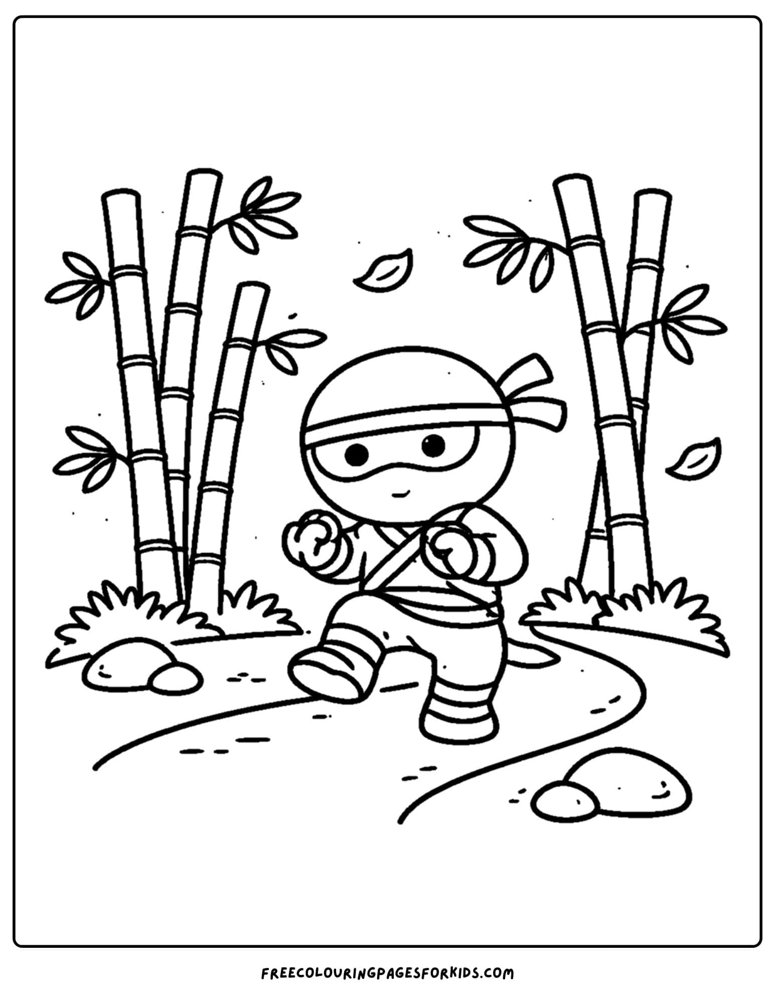 a coloring page of a ninja sneaking past some bamboo