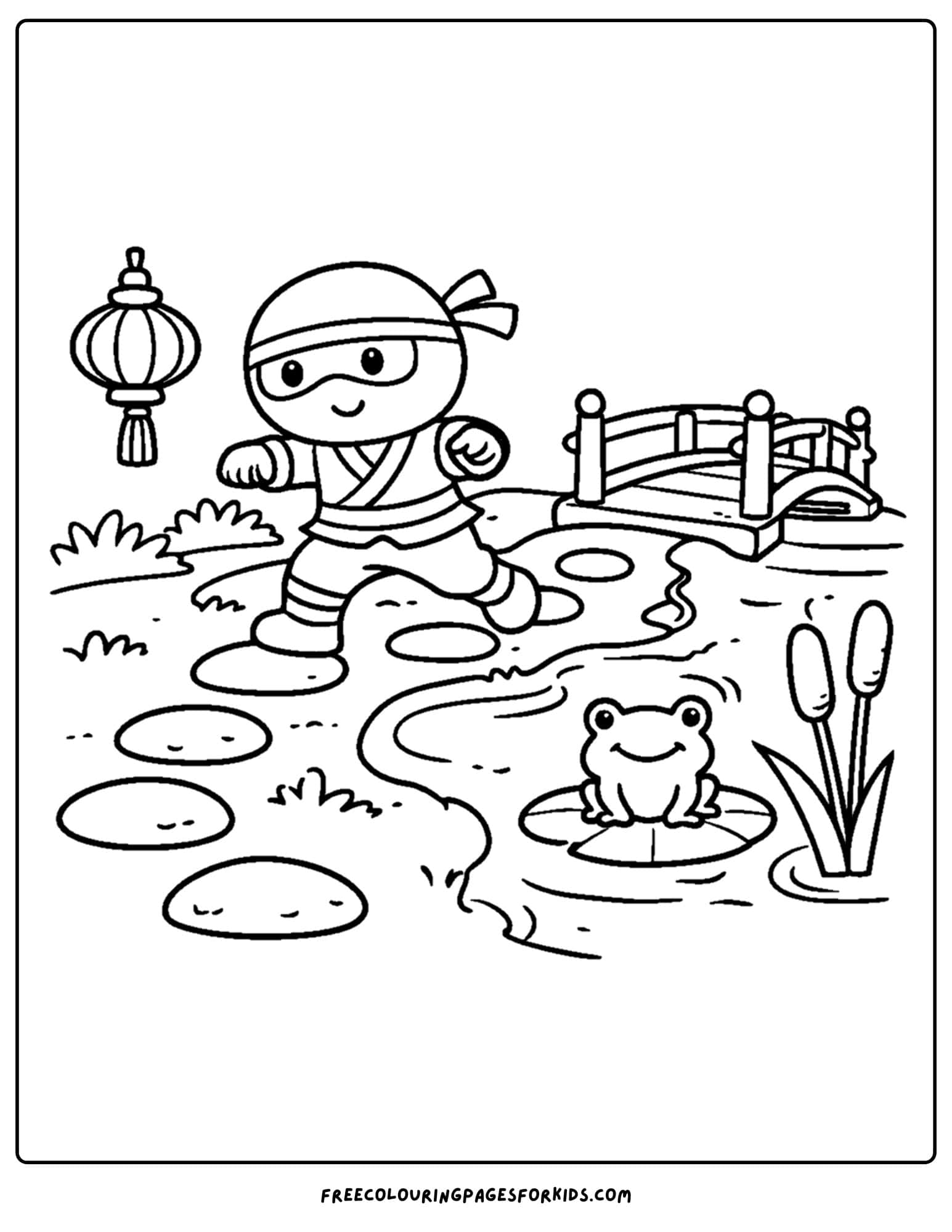 a coloring page of a ninja sneaking through a garden