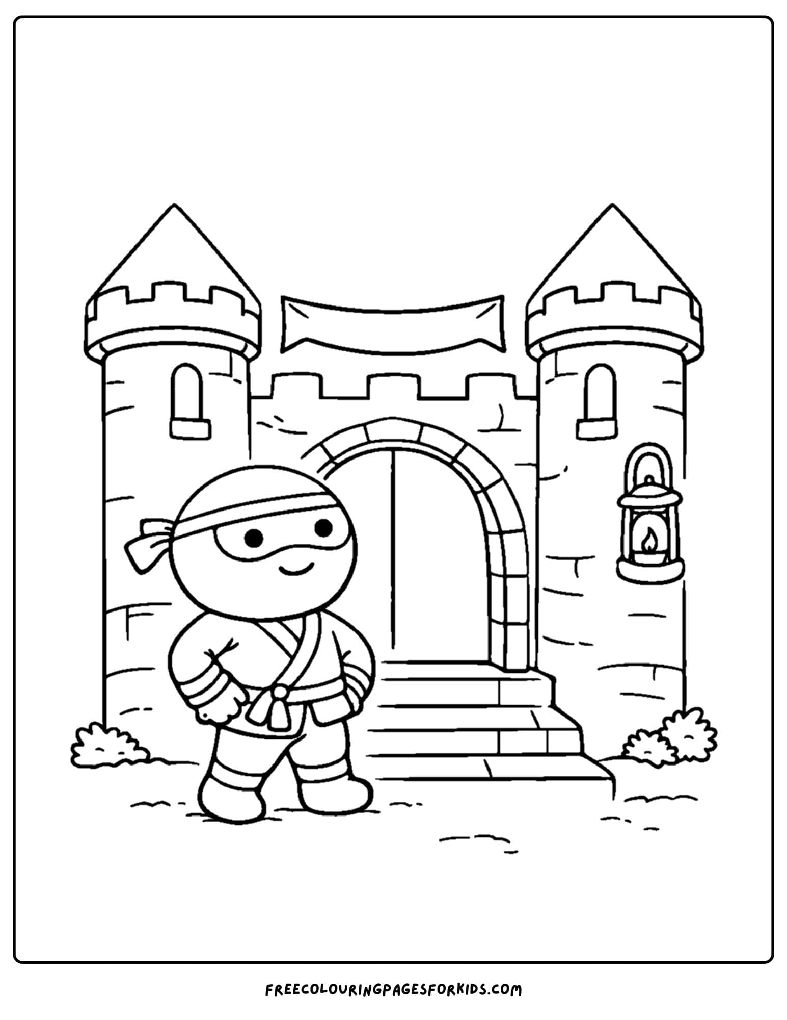 a coloring page of a ninja standing in front of a castle gate