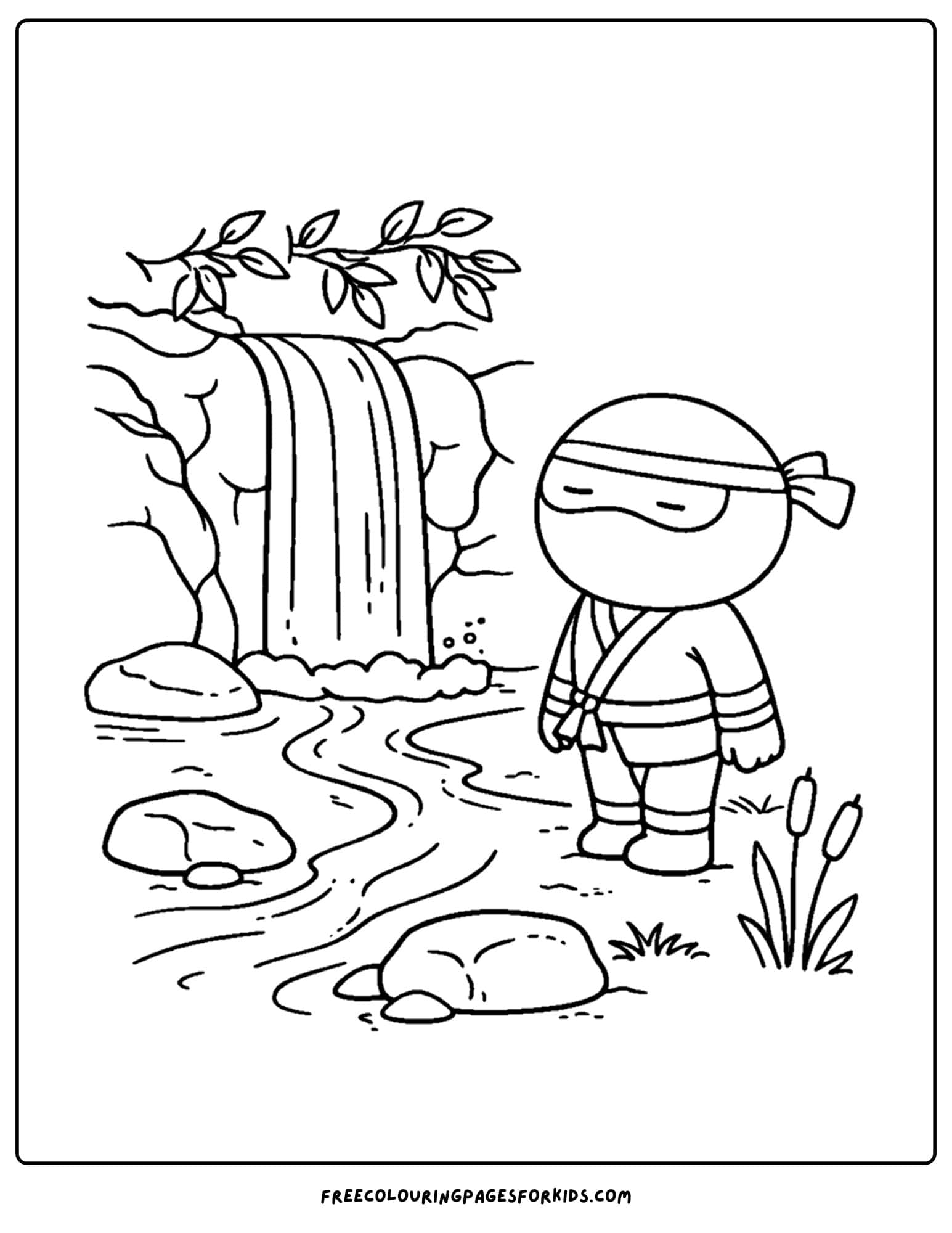 a coloring page of a ninja standing near a waterfall