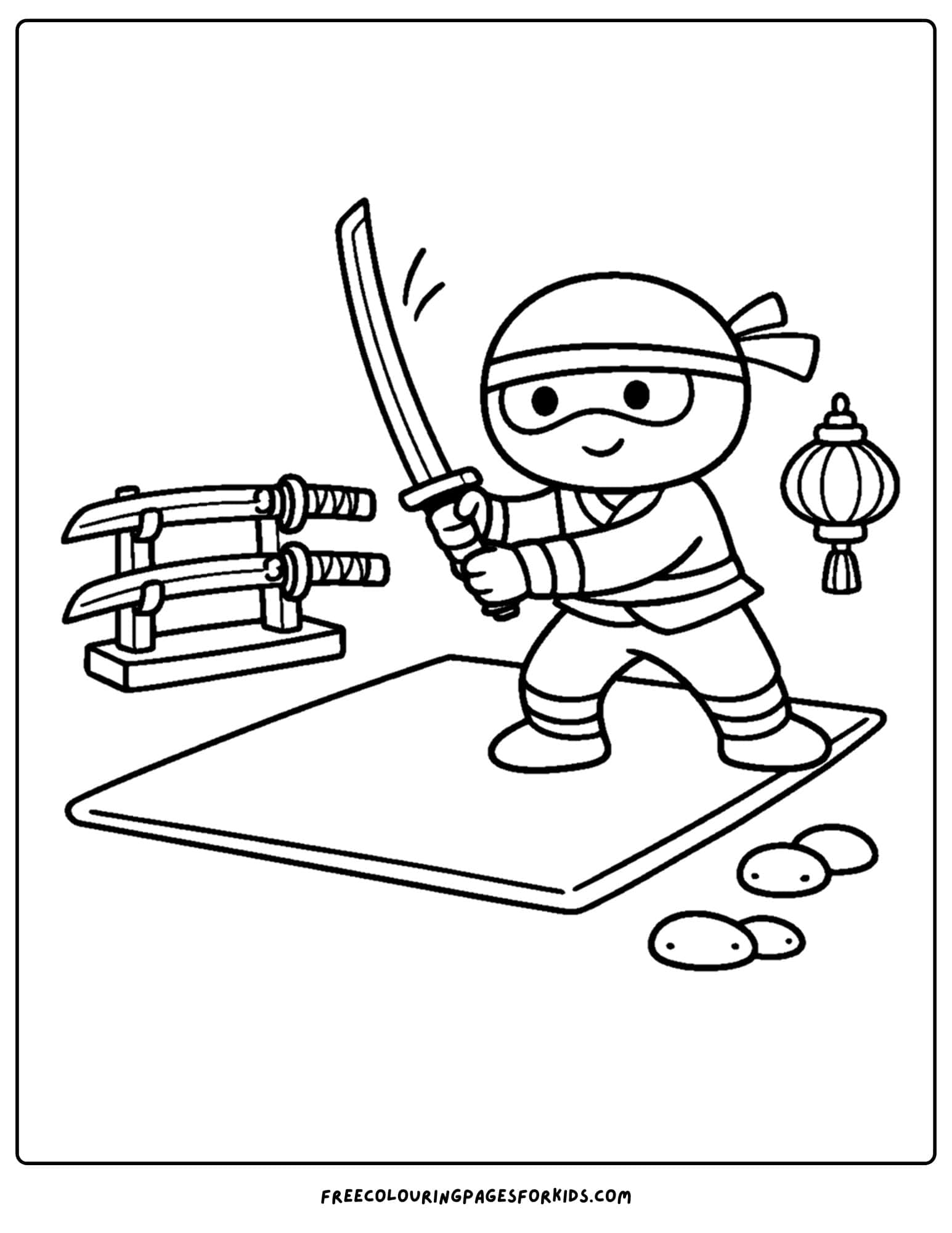 a coloring page of a ninja swinging a sword