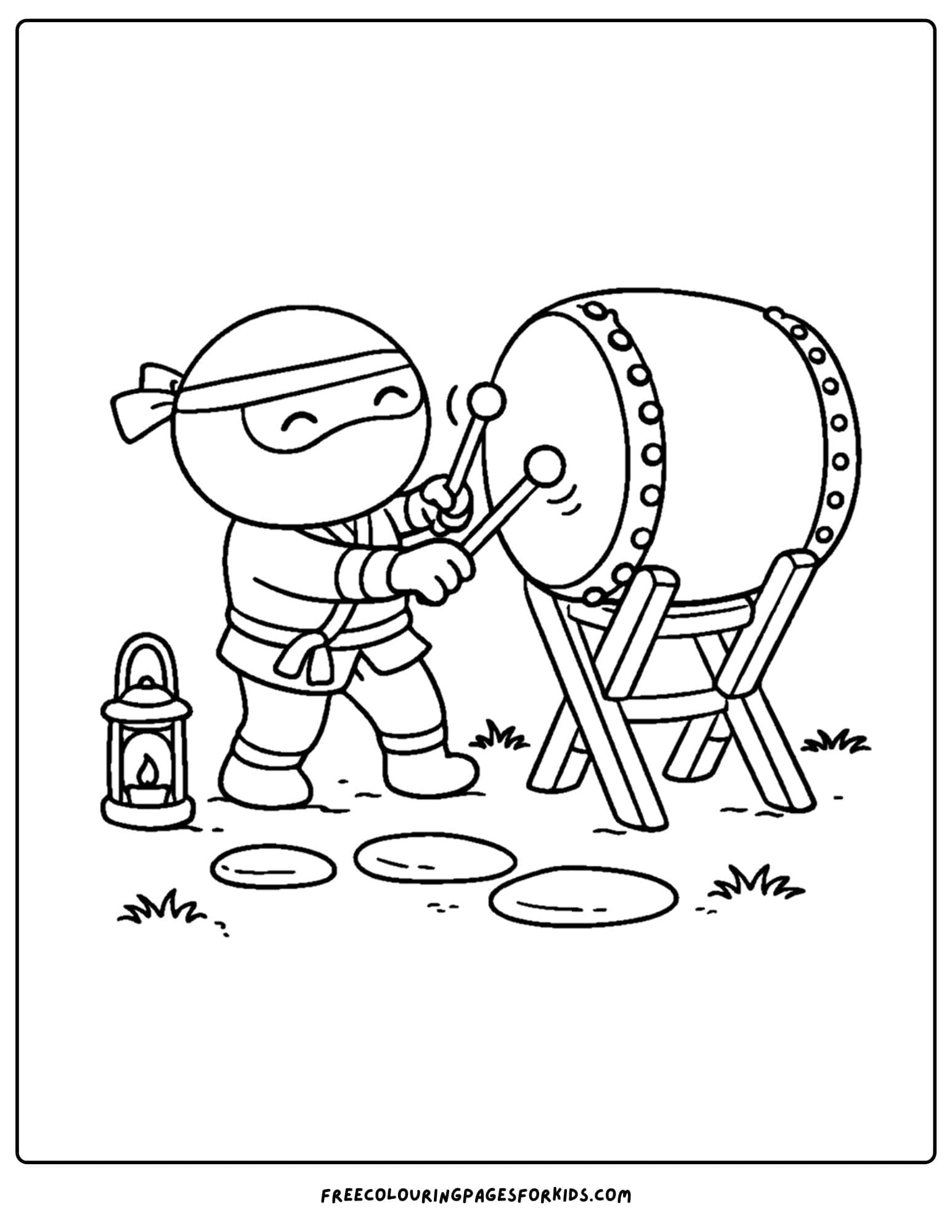 a coloring page of a ninja beating a large drum